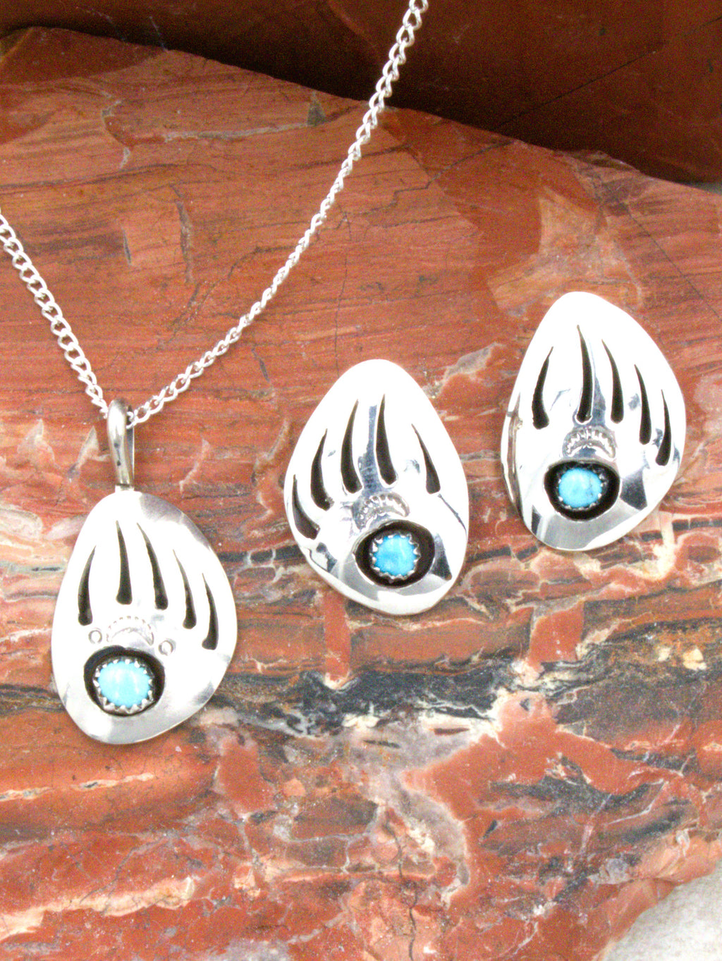 Large Bear Paw Pendant Earrings Turquoise Jewelry Set  EE01PE04