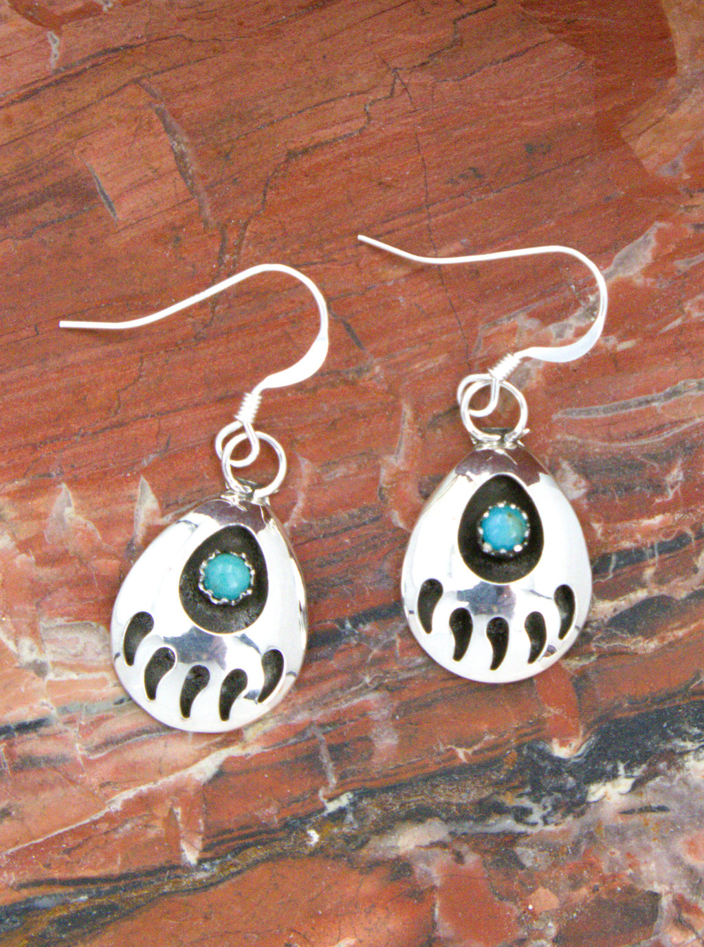 Native American Bear Paw Turquoise Dangle Earrings