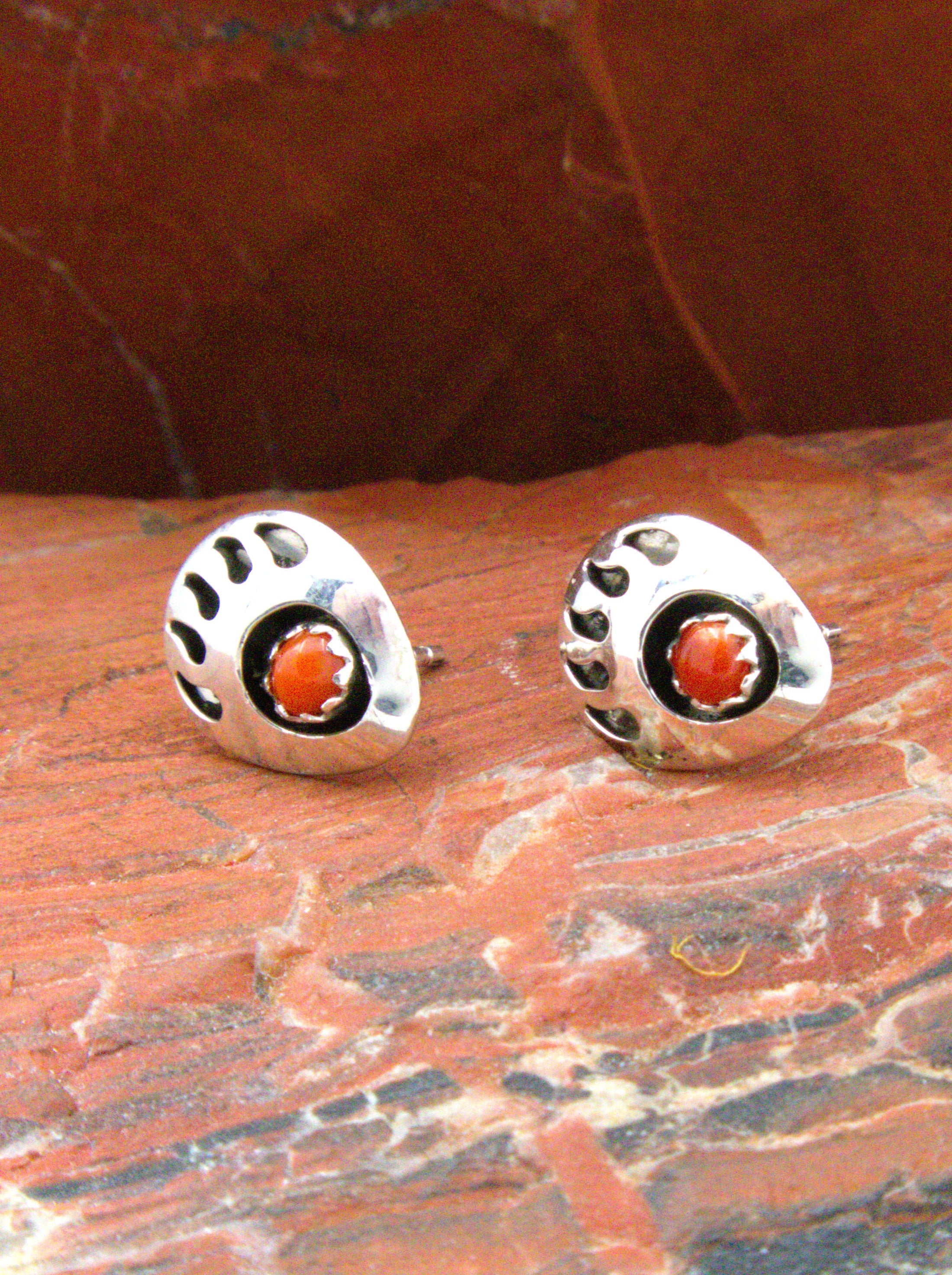 Coral Bear Paw Native American Post Earrings