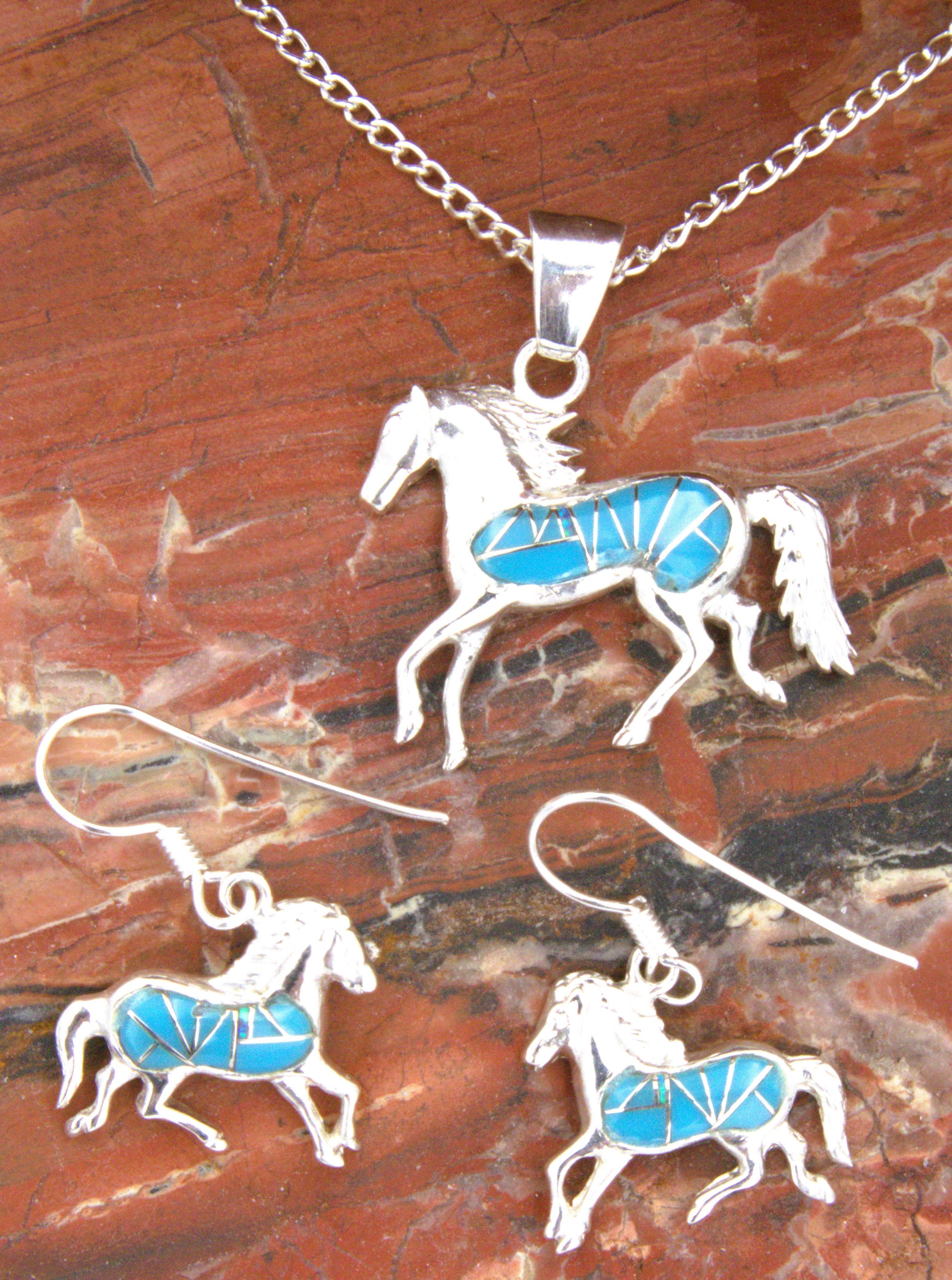 Turquoise Horse Dangle Earrings and Pendant Turquoise Jewelry Set EO11PO04