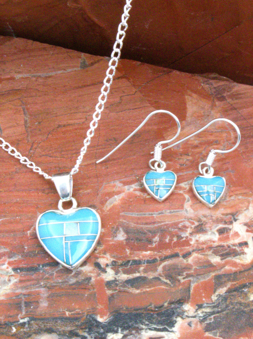 Sterling Silver Turquoise Heart Opal Earrings Pendant Turquoise Jewelry Set  EO15PO13