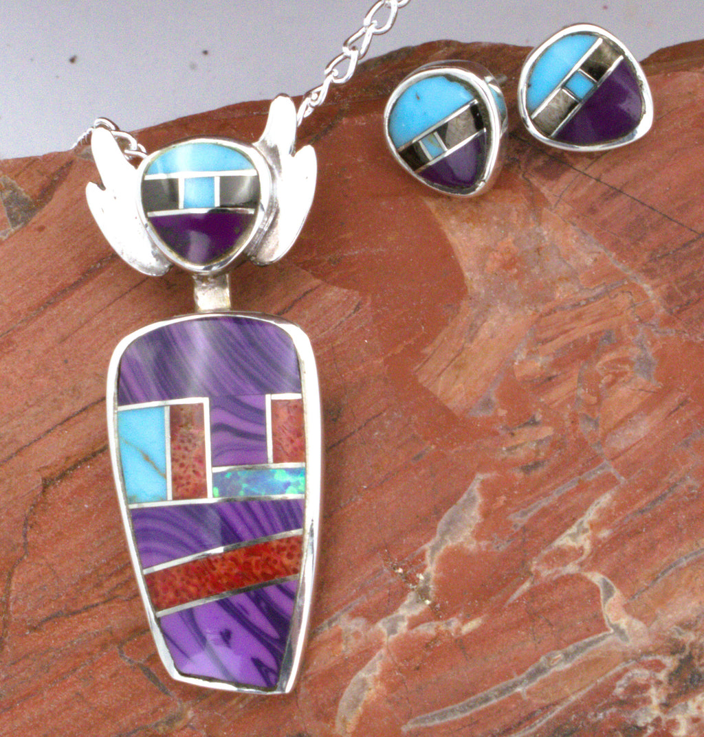 Turquoise Coral Sugalite Kachina Pendant and Earrings Turquoise Jewelry Set  EO14PO30