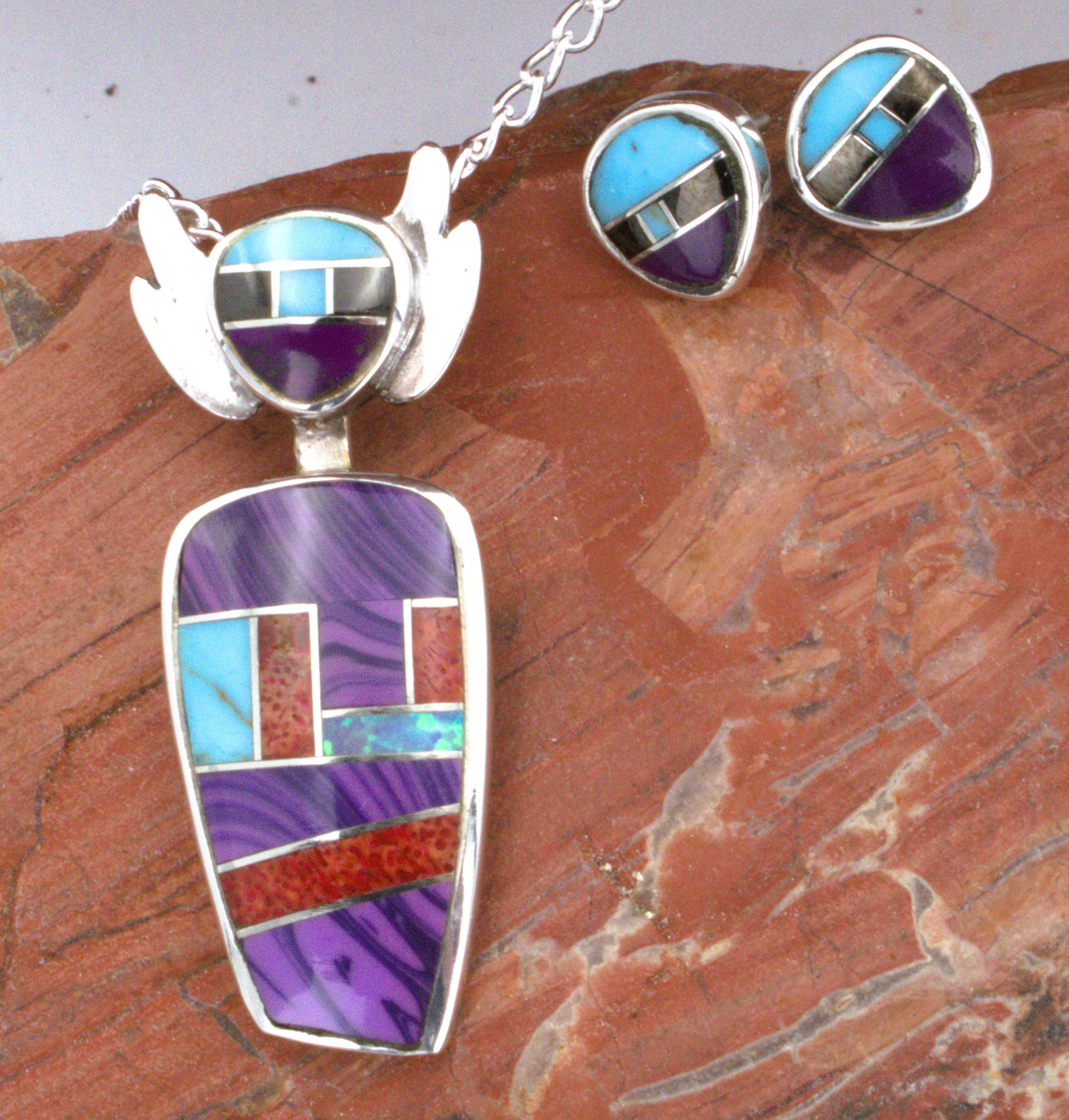 Turquoise Coral Sugalite Kachina Pendant and Earrings Turquoise Jewelry Set  EO14PO30
