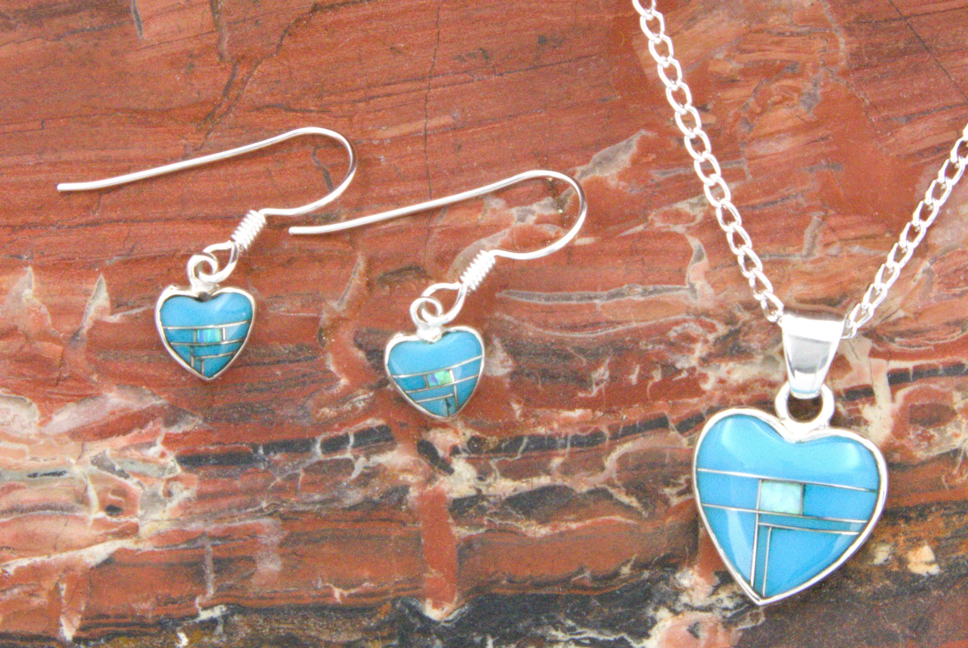 Sterling Silver Turquoise Heart Opal Earrings Pendant Turquoise Jewelry Set EO15PO13