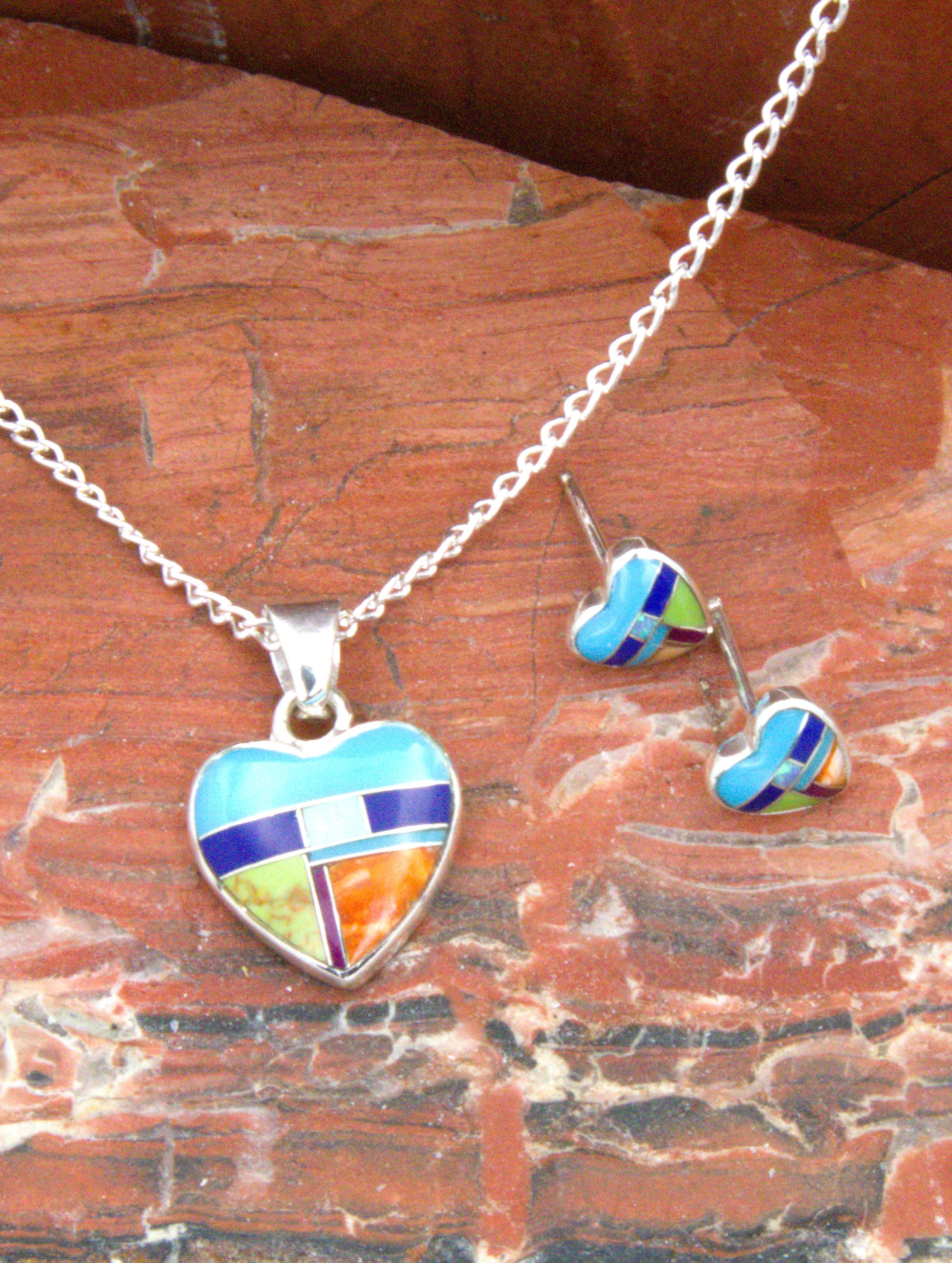 Turquoise Heart Pendant and Post Earrings Turquoise Jewelry Set  EO16PO14