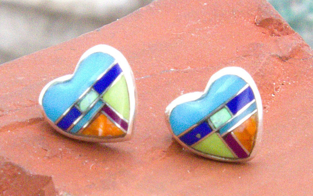 Sterling Silver Turquoise, Lapis, Sugalite, Spiny Oyster Opal Post Heart Earrings EO16
