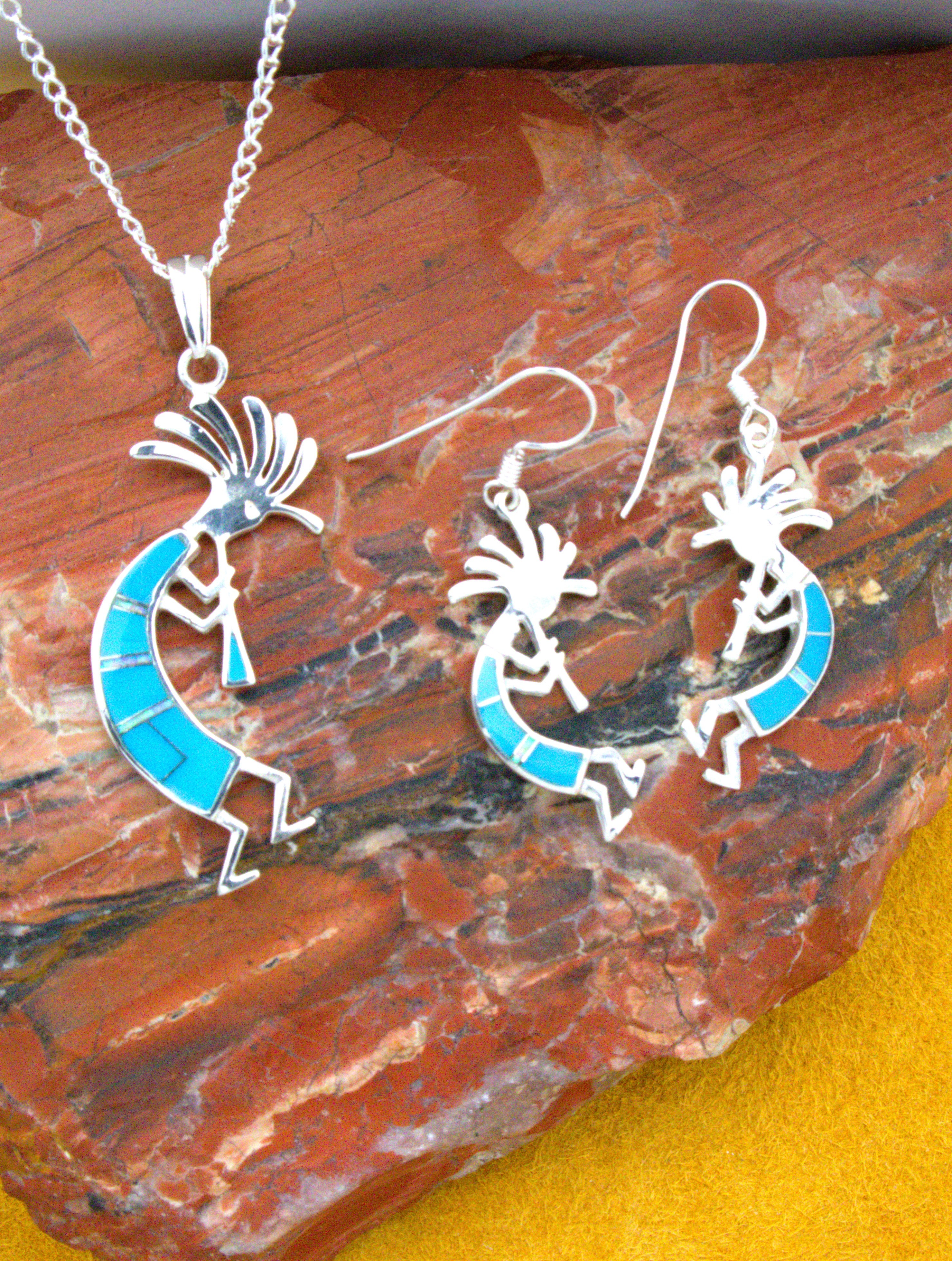 Kokopelli Pendant Dangle Earrings Sterling Silver Turquoise Jewelry Set