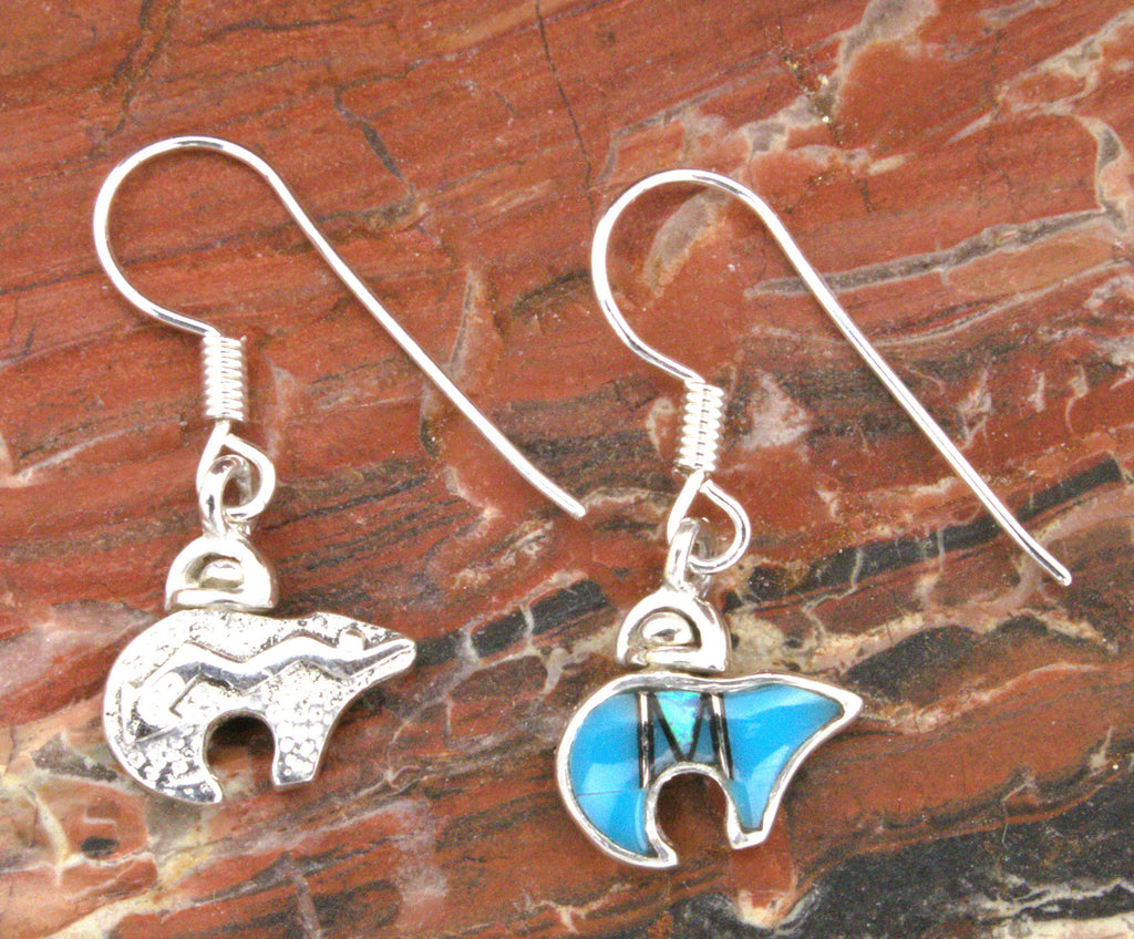 Sterling Silver Turquoise Onyx Opal Heartline Bear Dangle Earrings EO24