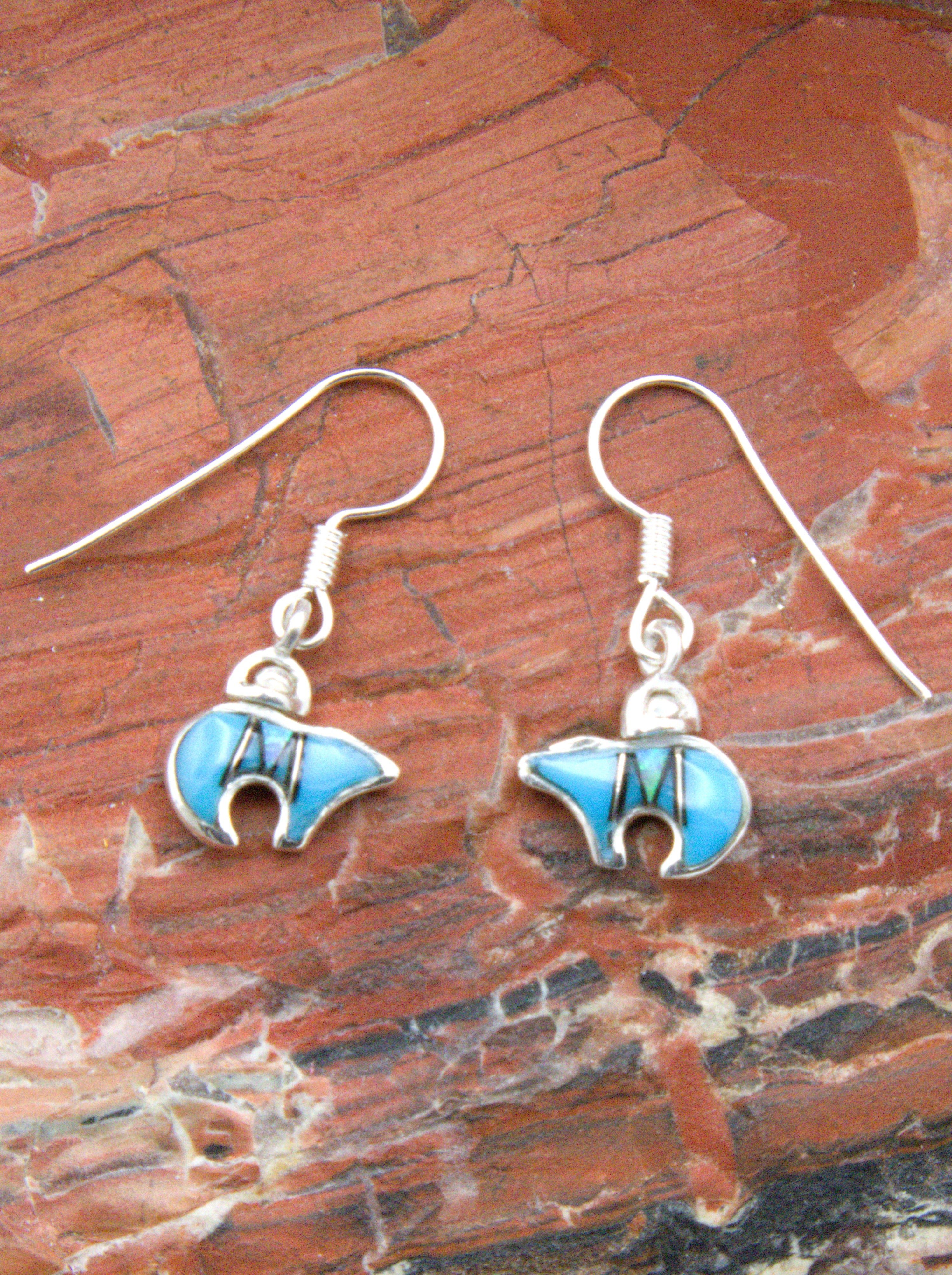 Sterling Silver Turquoise Onyx Opal Heartline Bear Dangle Earrings EO24