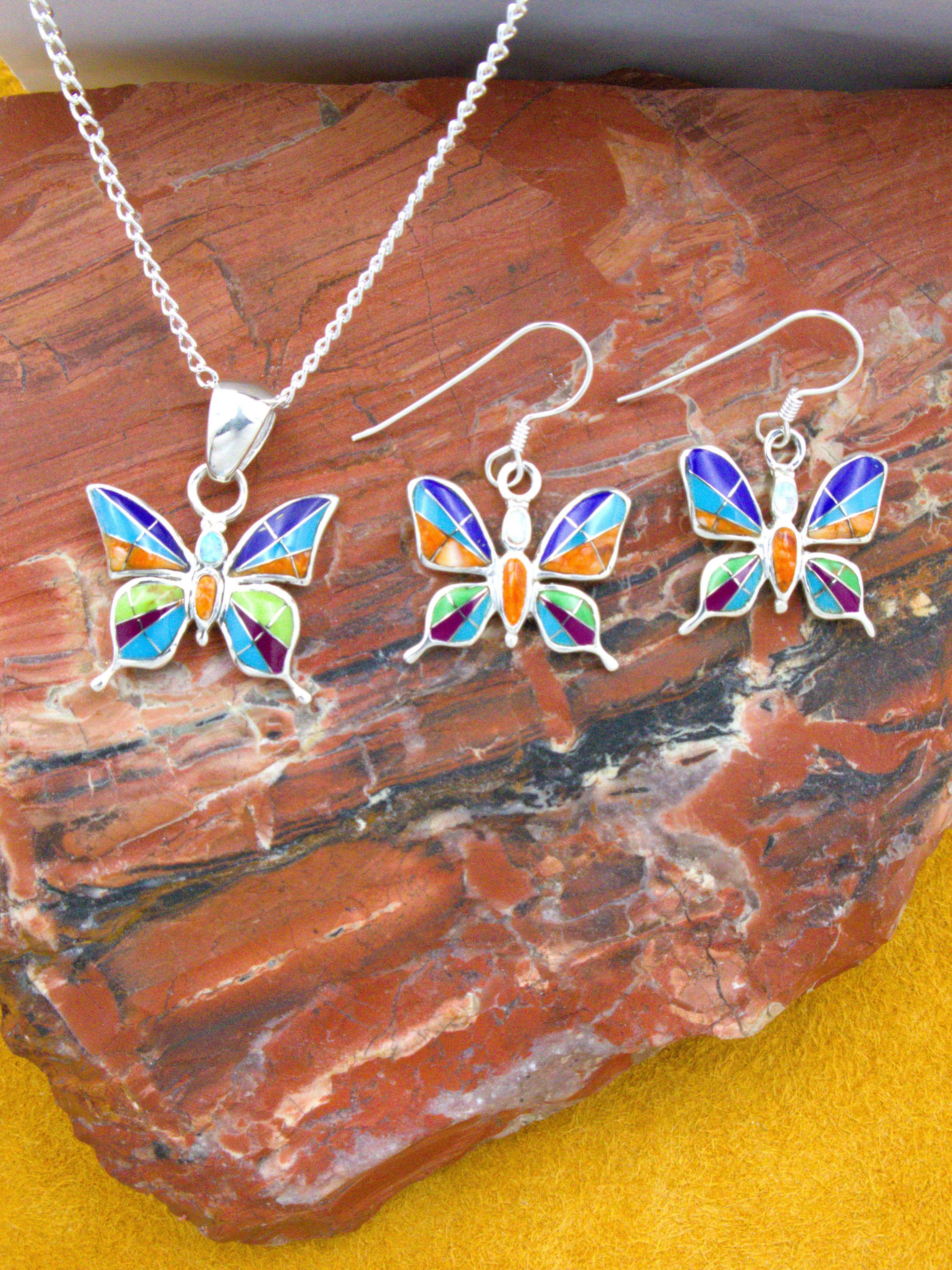 Butterfly Pendant and Dangle Earrings Turquoise Jewelry Set