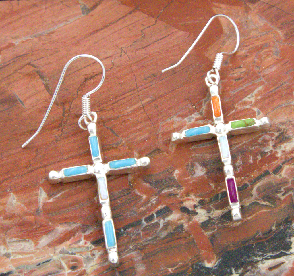 Turquoise Jewelry Sterling Silver Turquoise Cross Dangle Earrings EO30