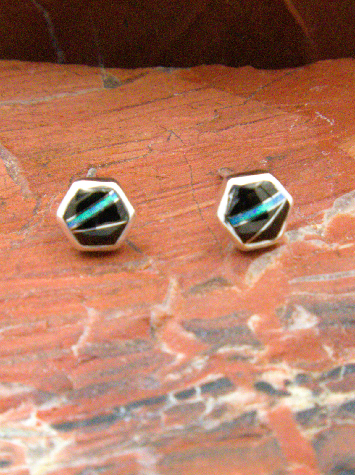 Onyx and Opal Sterling Silver Post Earrings
