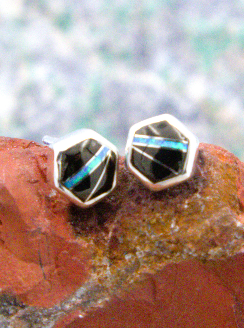 Onyx and Opal Sterling Silver Post Earrings