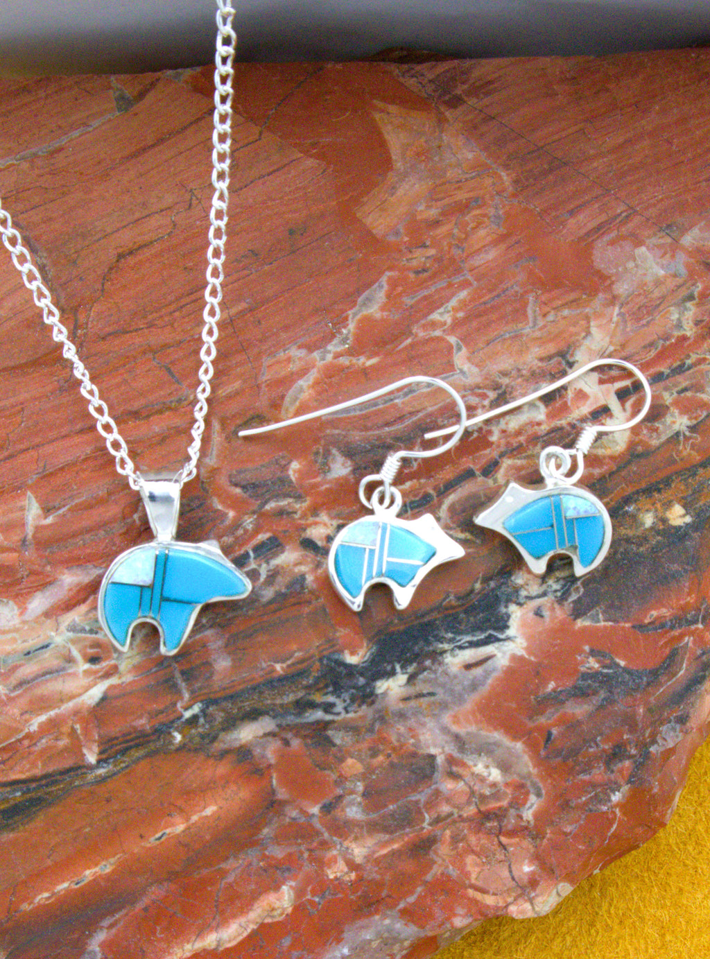 Bear Dangle Earrings Pendant Sterling Silver Turquoise Jewelry Set