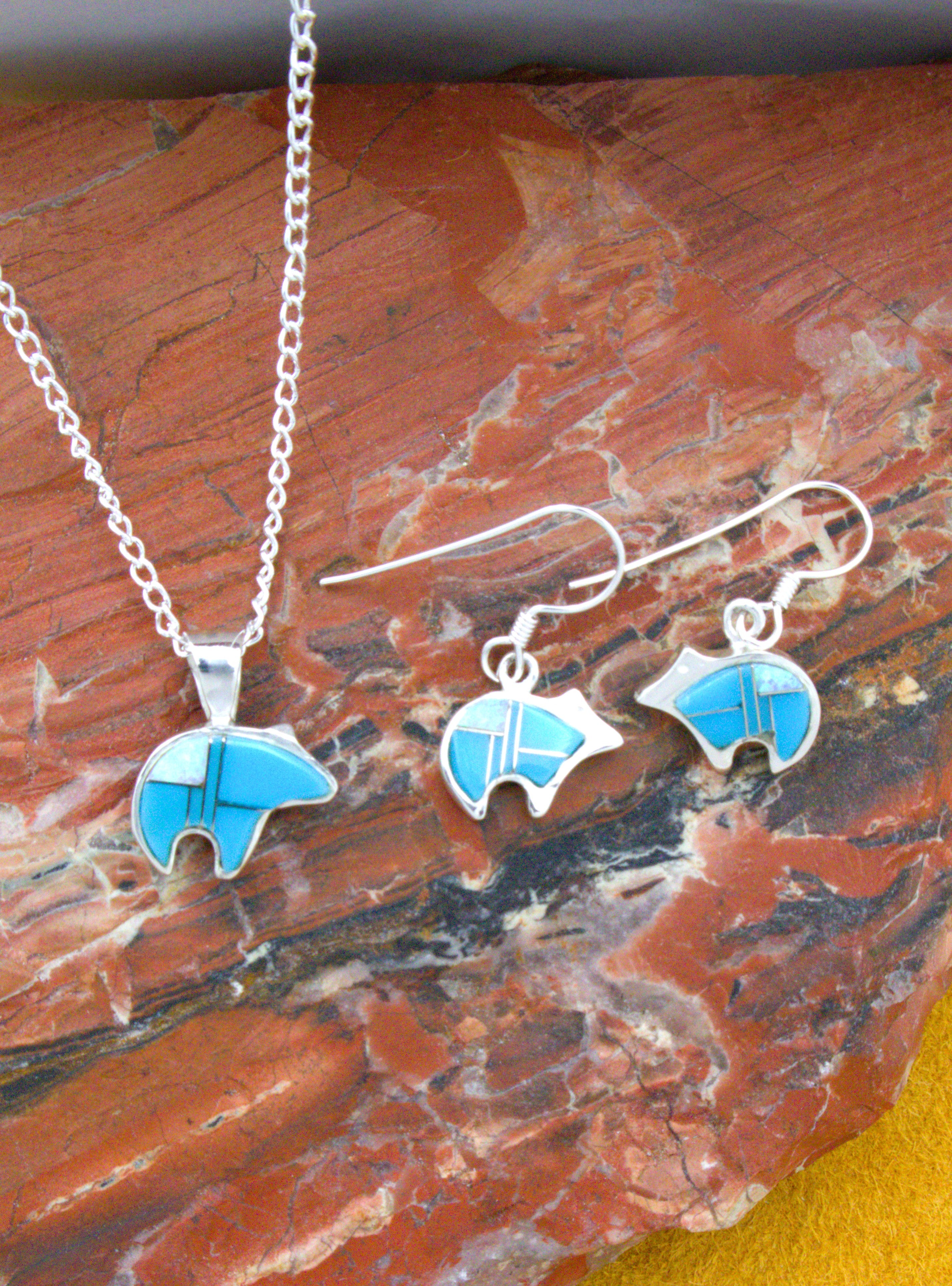 Bear Dangle Earrings Pendant Sterling Silver Turquoise Jewelry Set
