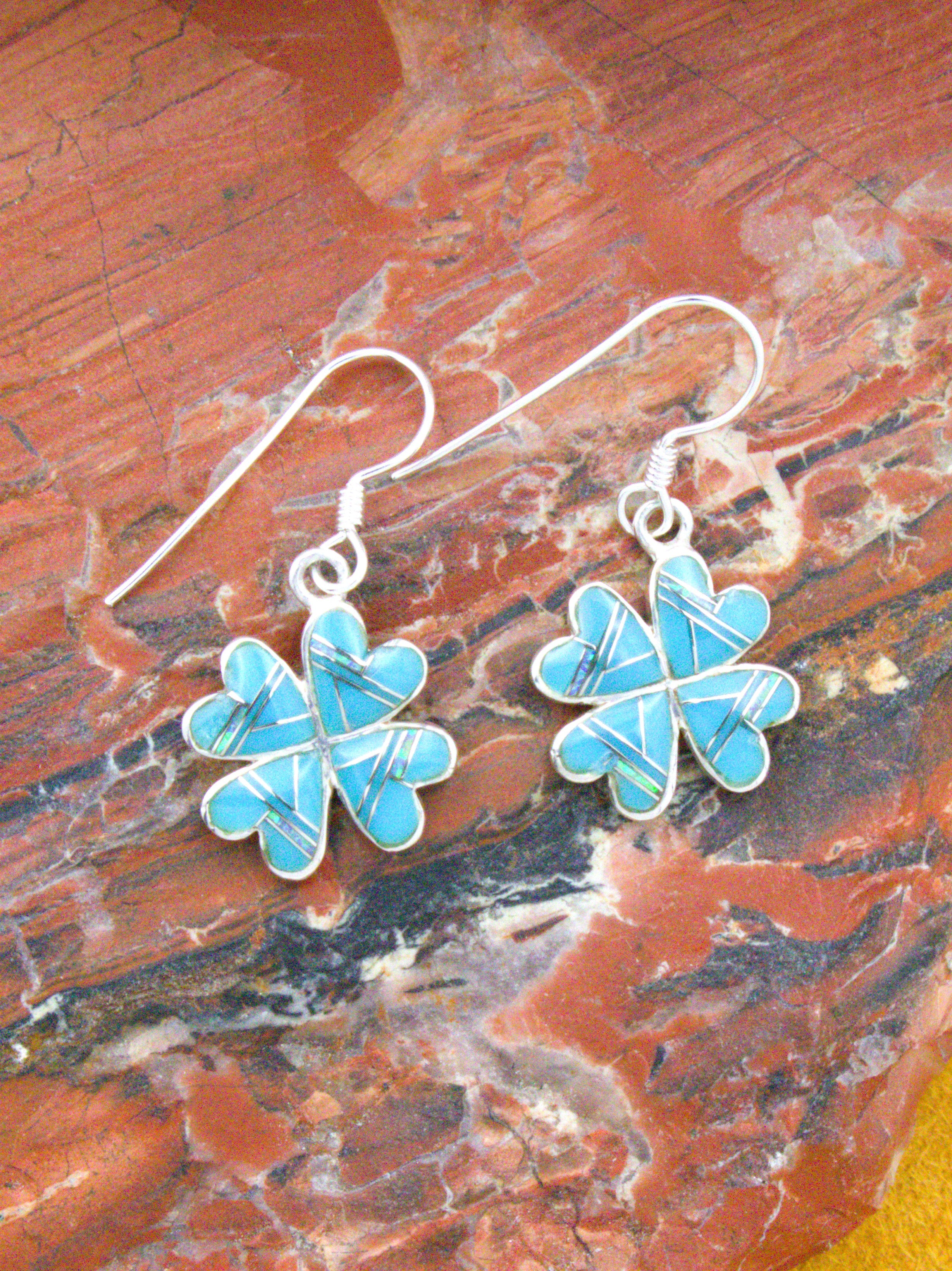 Four Leaf Clover Turquoise and Opal Dangle Earrings