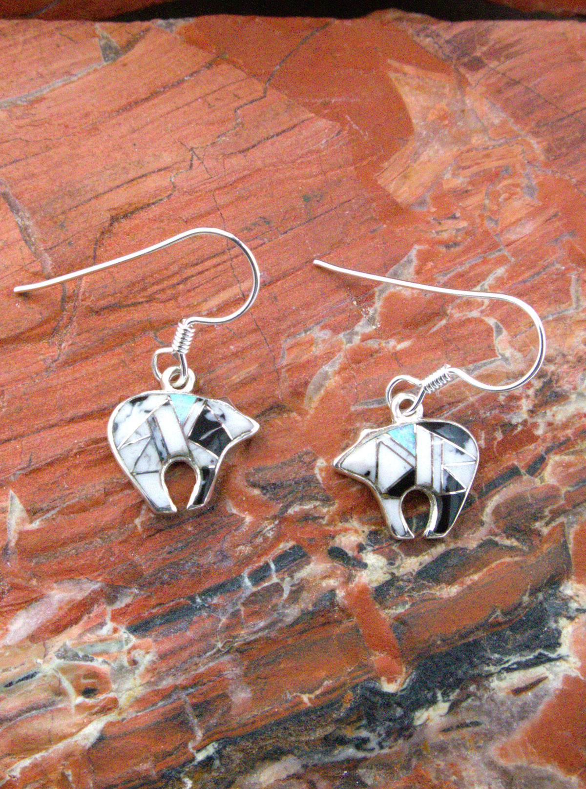 White Buffalo Turquoise Stylized Bear Dangle Earrings