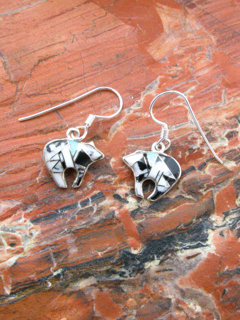 White Buffalo Turquoise Stylized Bear Dangle Earrings