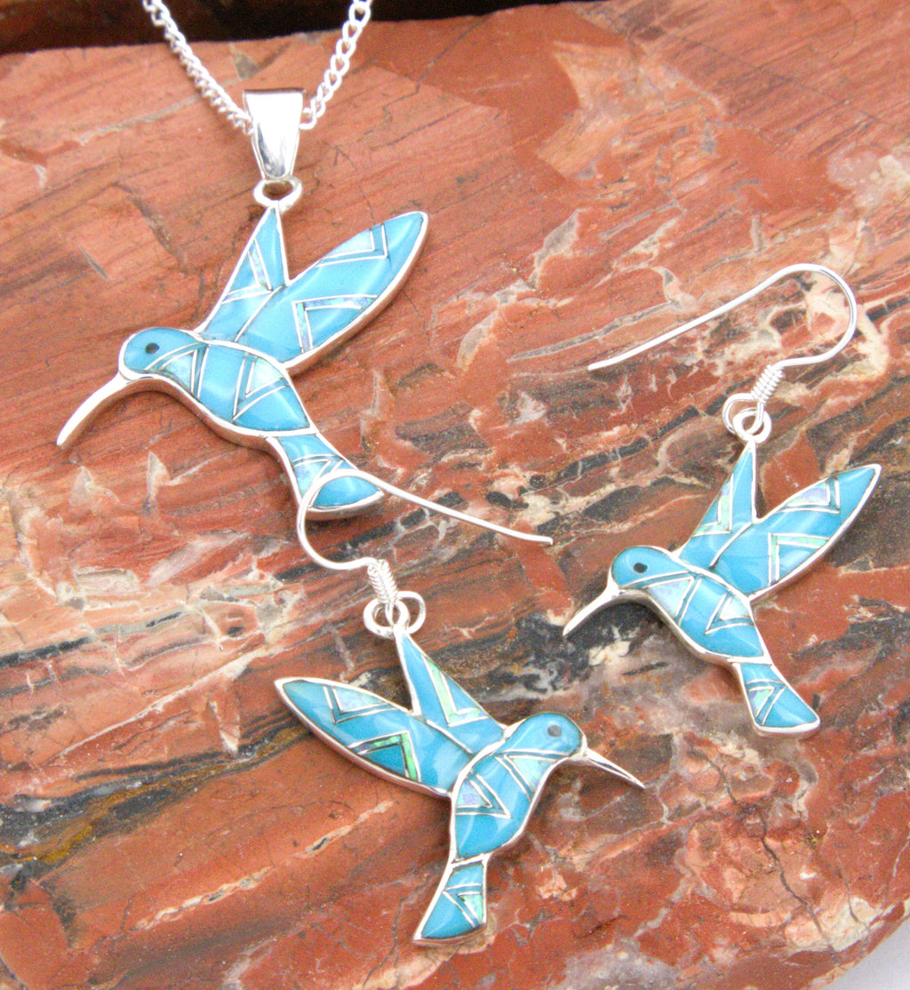 Turquoise Opal Hummingbird Pendant Earring Turquoise Jewelry Set  EOP3PO02