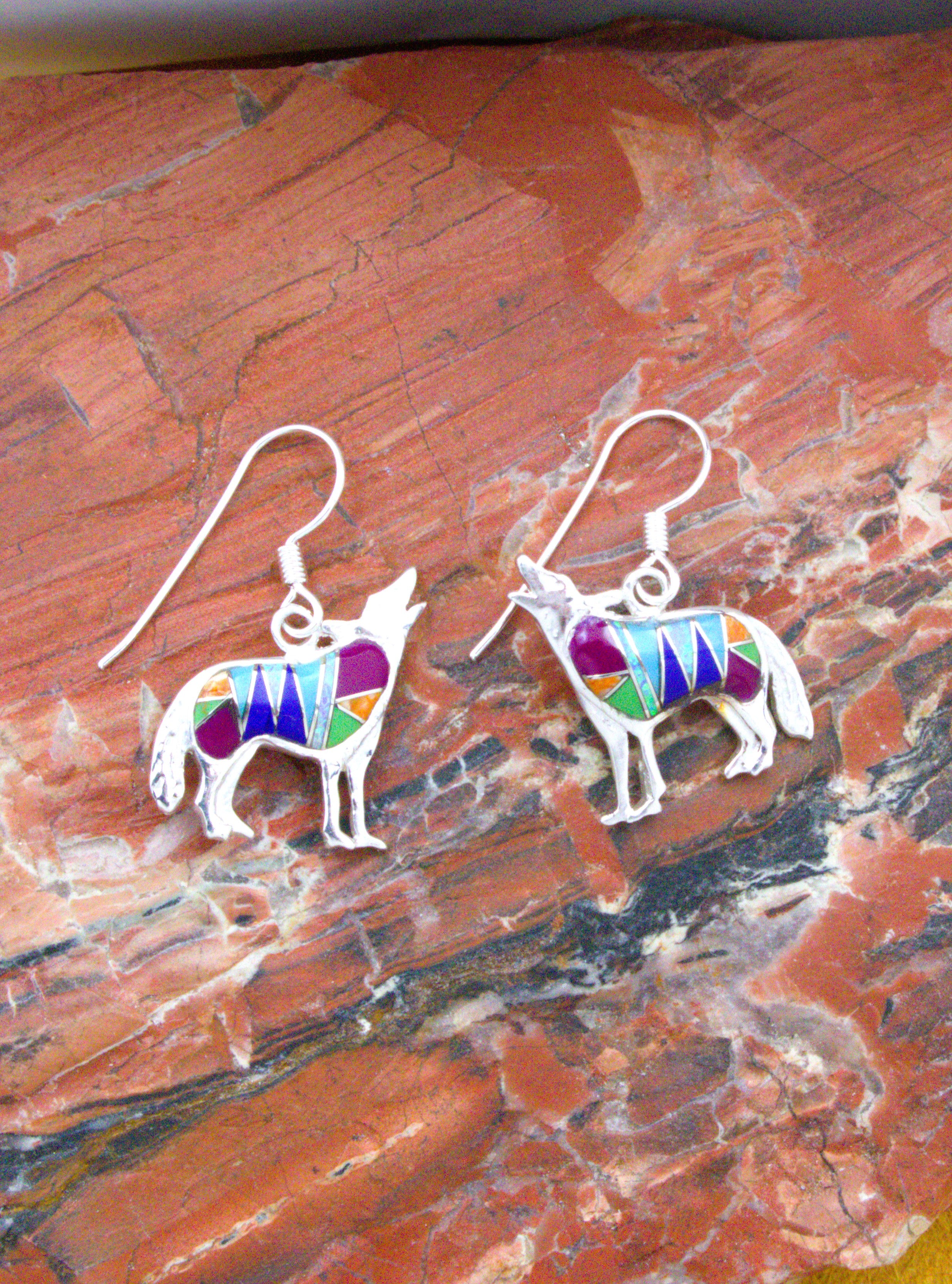 Turquoise Lapis Coyote Sterling Silver Dangle Earrings