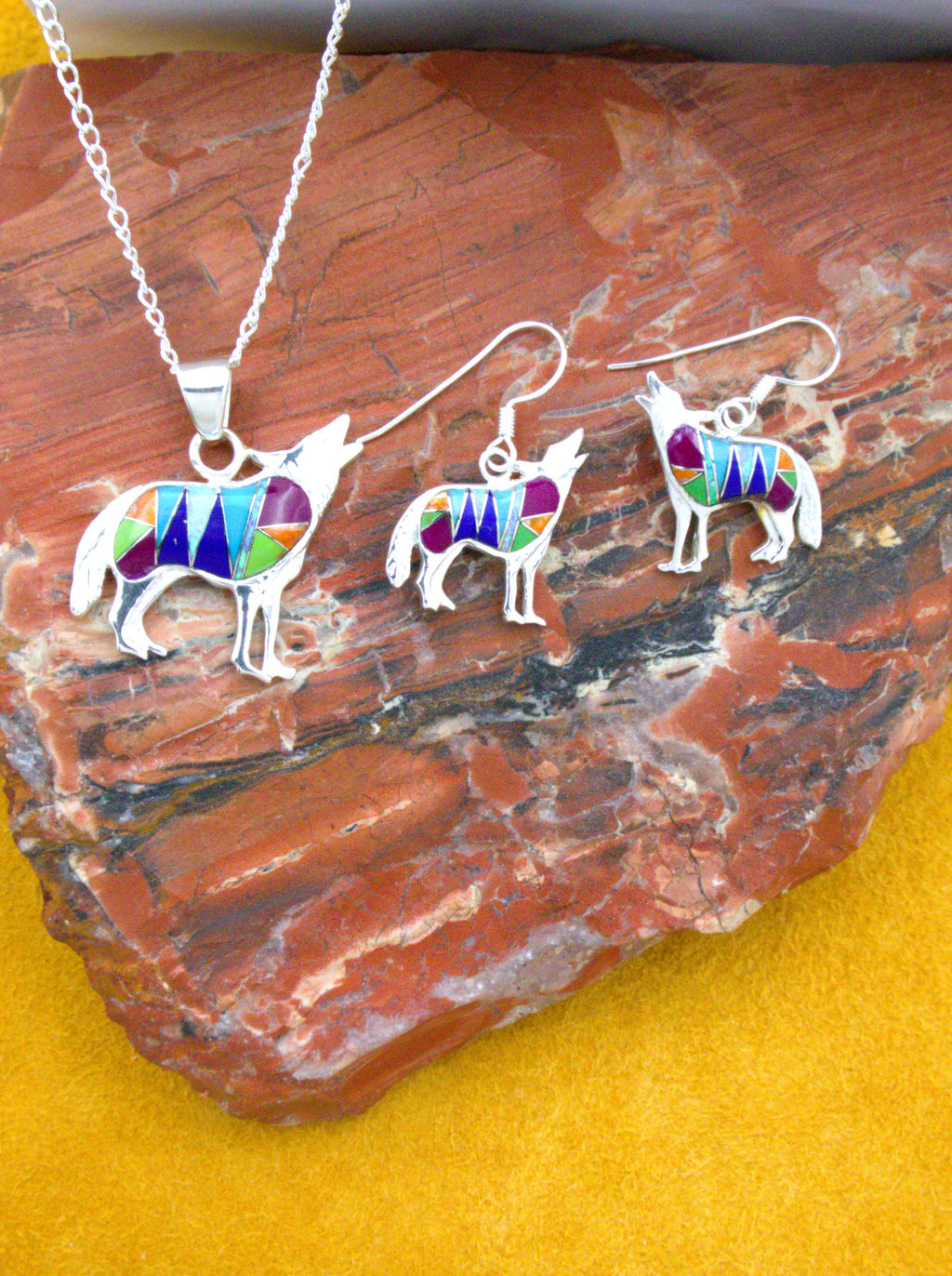 Coyote Pendant and Dangle Earrings Turquoise Jewelry Set