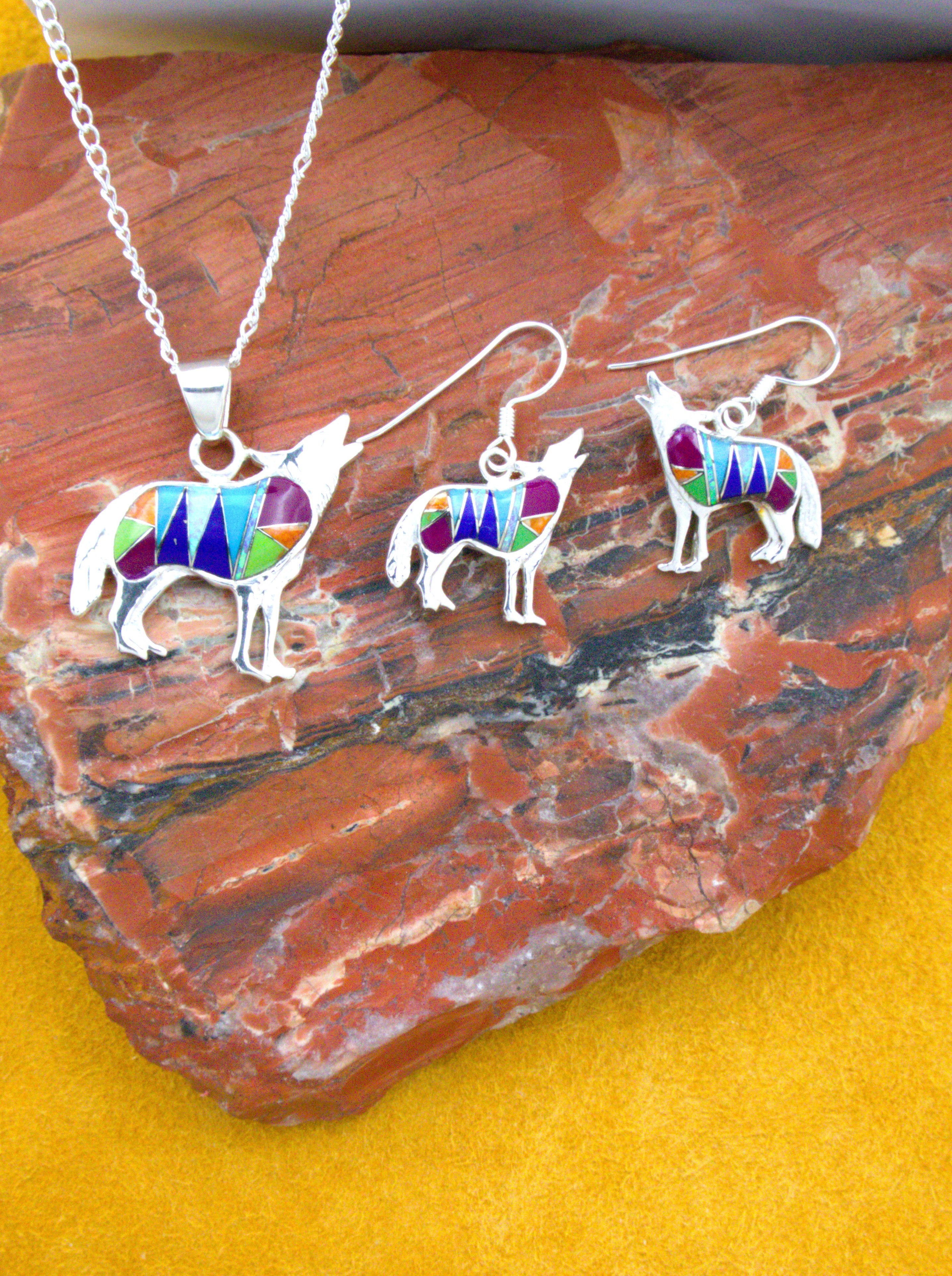Coyote Pendant and Dangle Earrings Turquoise Jewelry Set