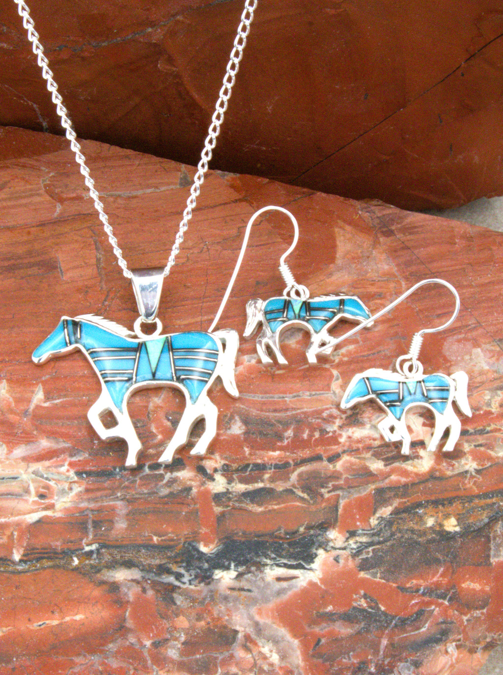 Turquoise Horse Dangle Earrings and Pendant Turquoise Jewelry Set  EOP7PO07