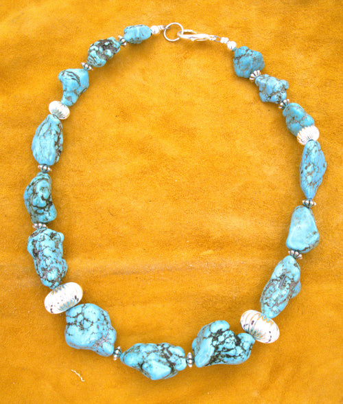 19 1/2" Chunky Turquoise Nugget Necklace Hand Made Turquoise Jewelry  NN10