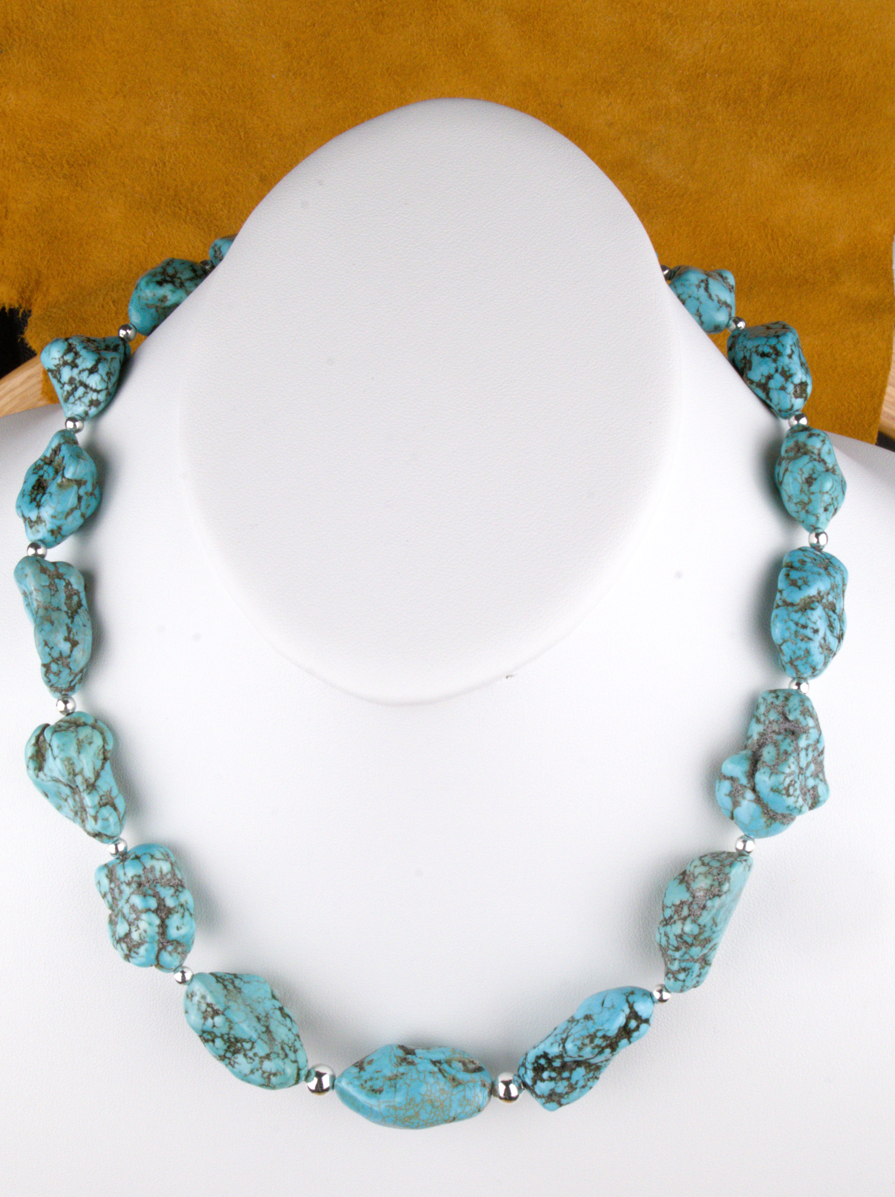 Chunky Turquoise Nugget Necklace 20 and 1/2" Hand Made Turquoise Jewelry  NN17