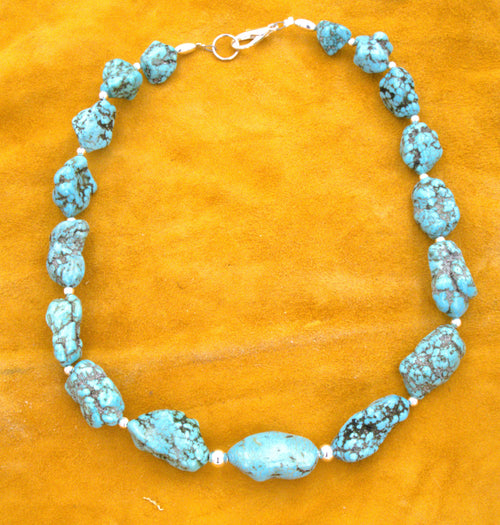 Chunky Turquoise Nugget Necklace 20 and 1/2" Hand Made Turquoise Jewelry  NN17