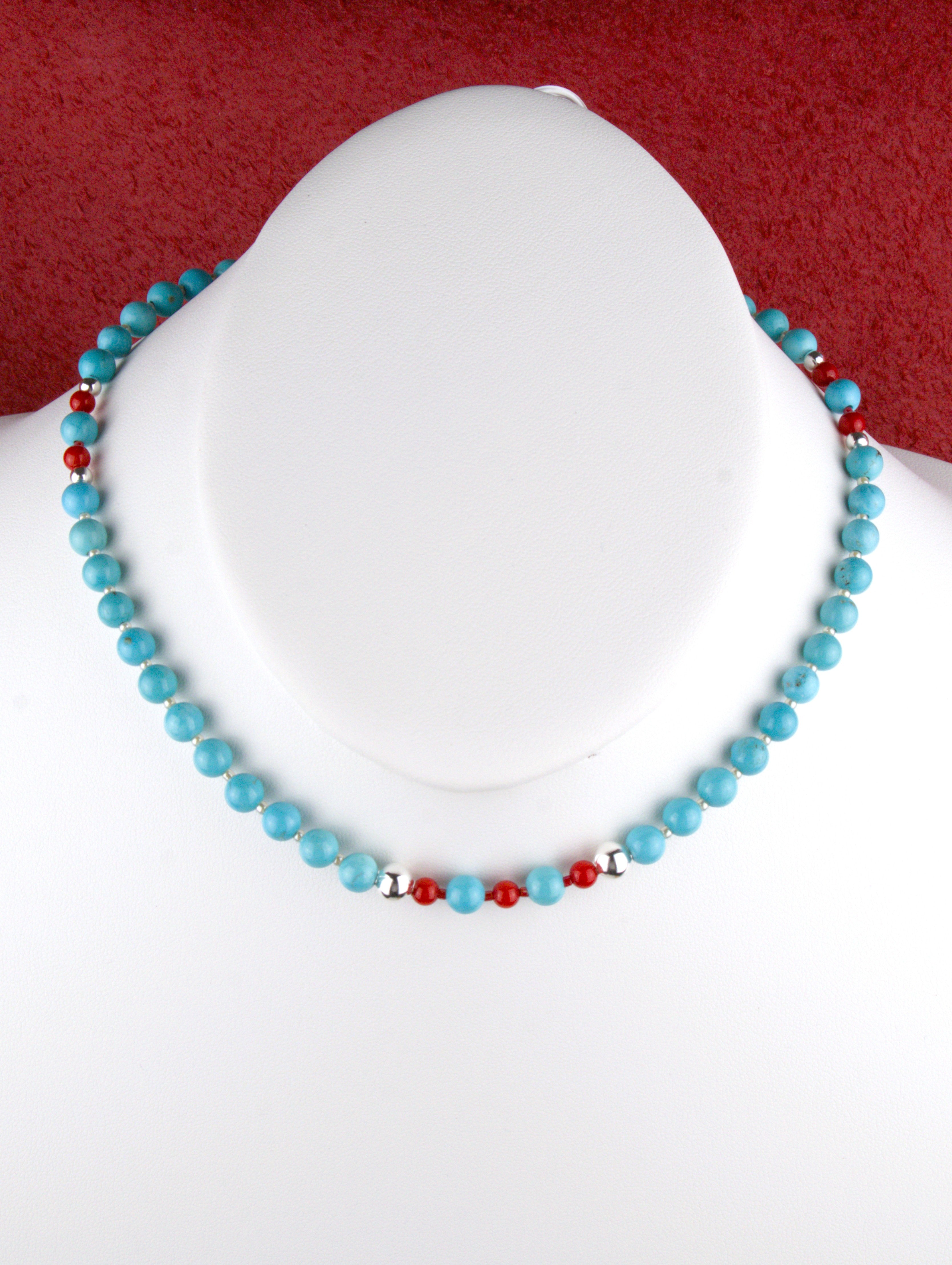 Turquoise and Coral 17" Beaded Choker Necklace Hand-Made Turquoise Jewelry  NN47