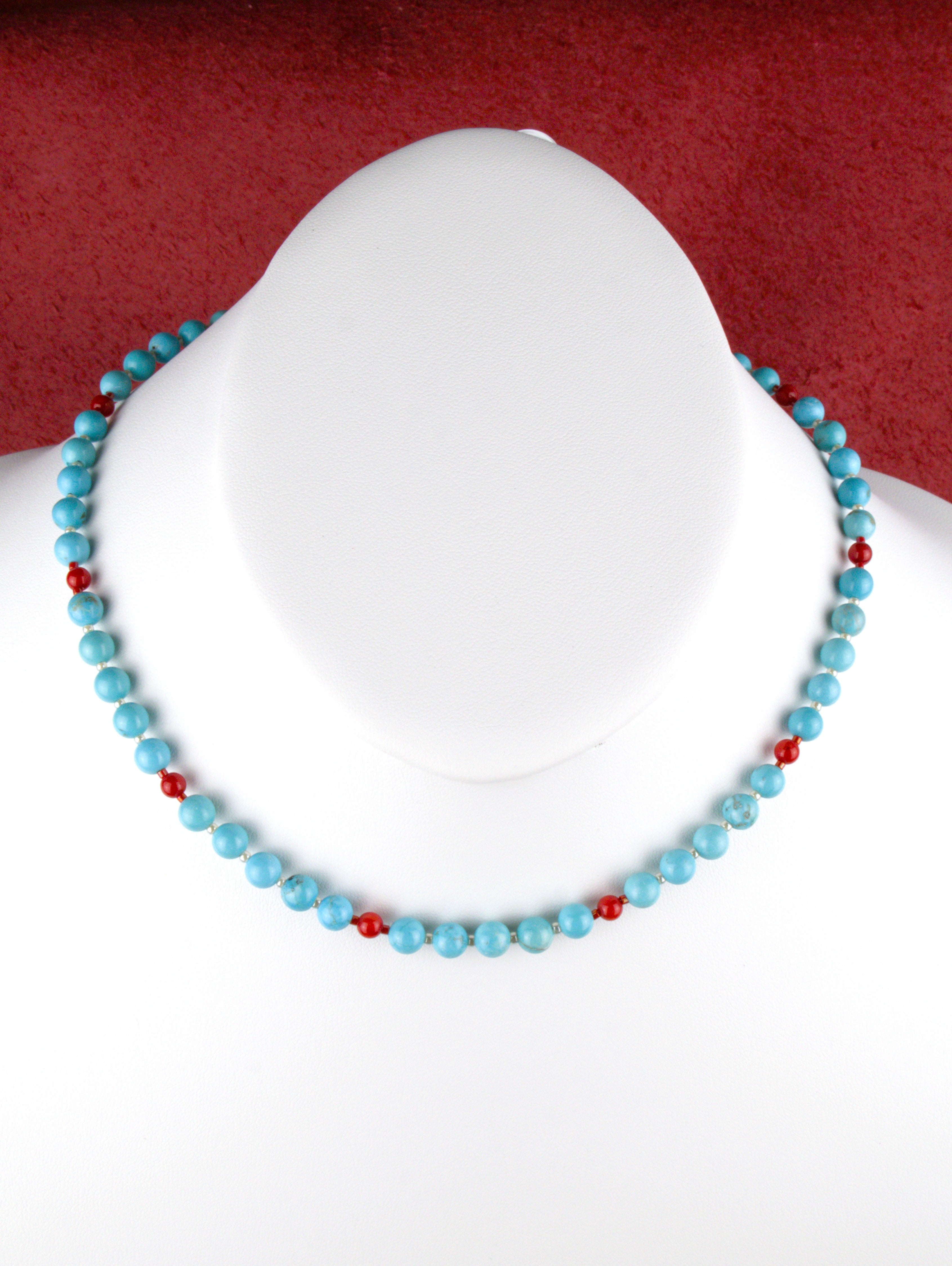 Turquoise and Red Coral 18" Beaded Necklace  NN49