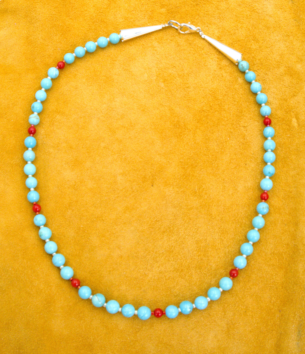 Turquoise and Red Coral 18" Beaded Necklace  NN49