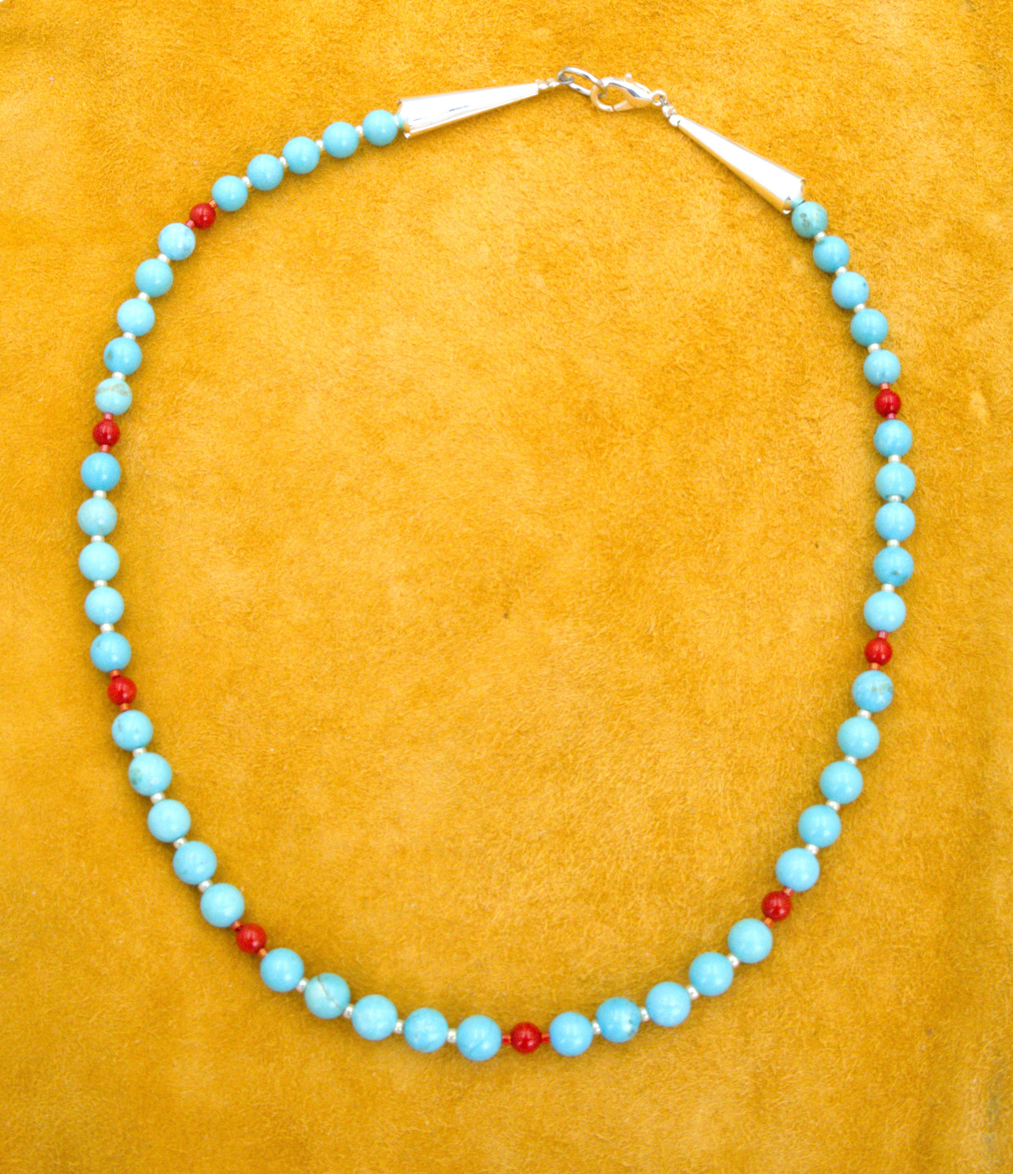 Turquoise and Red Coral 18" Beaded Necklace  NN49