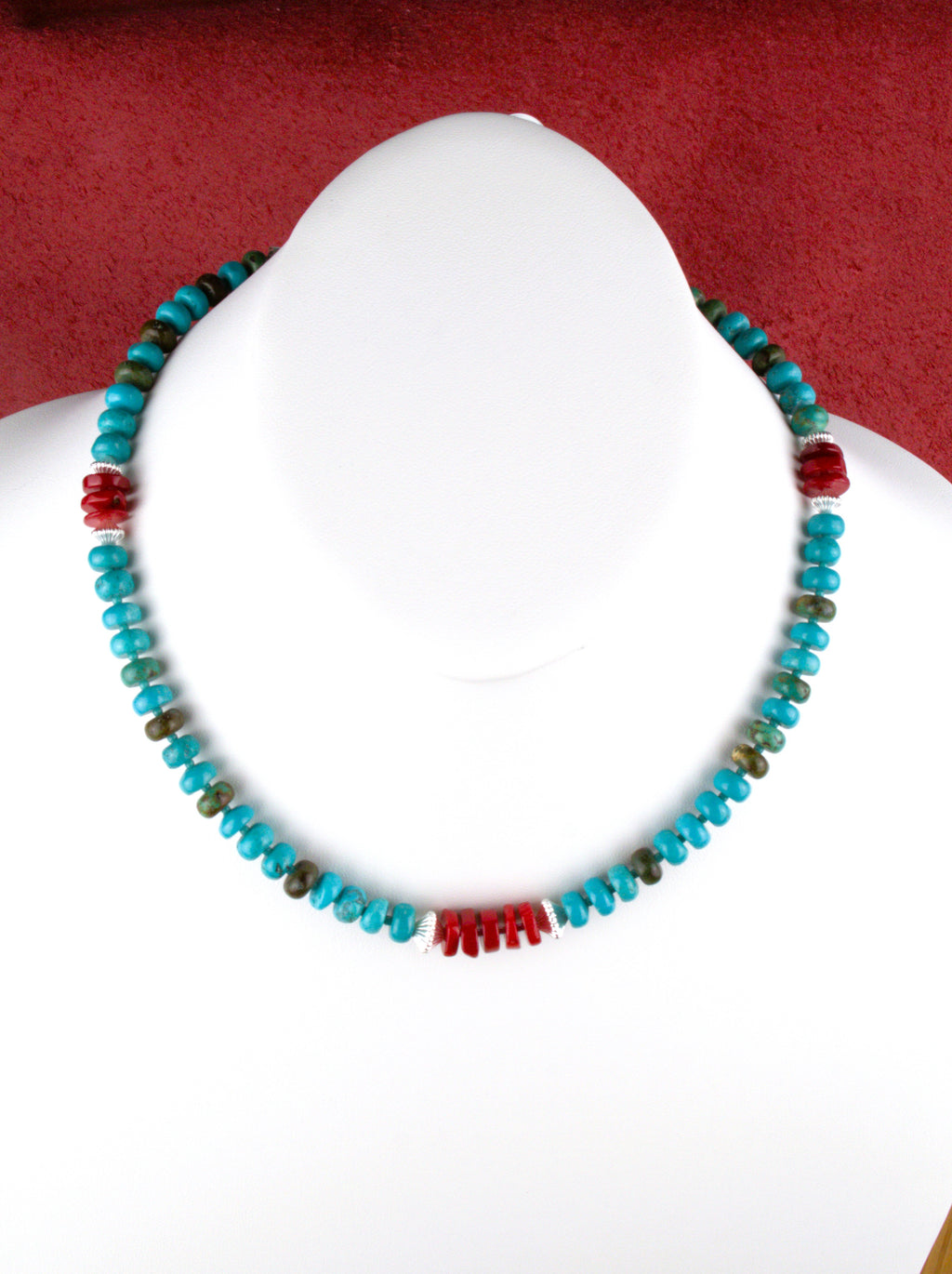 Turquoise and Red Coral 20" Beaded Necklace  NN50