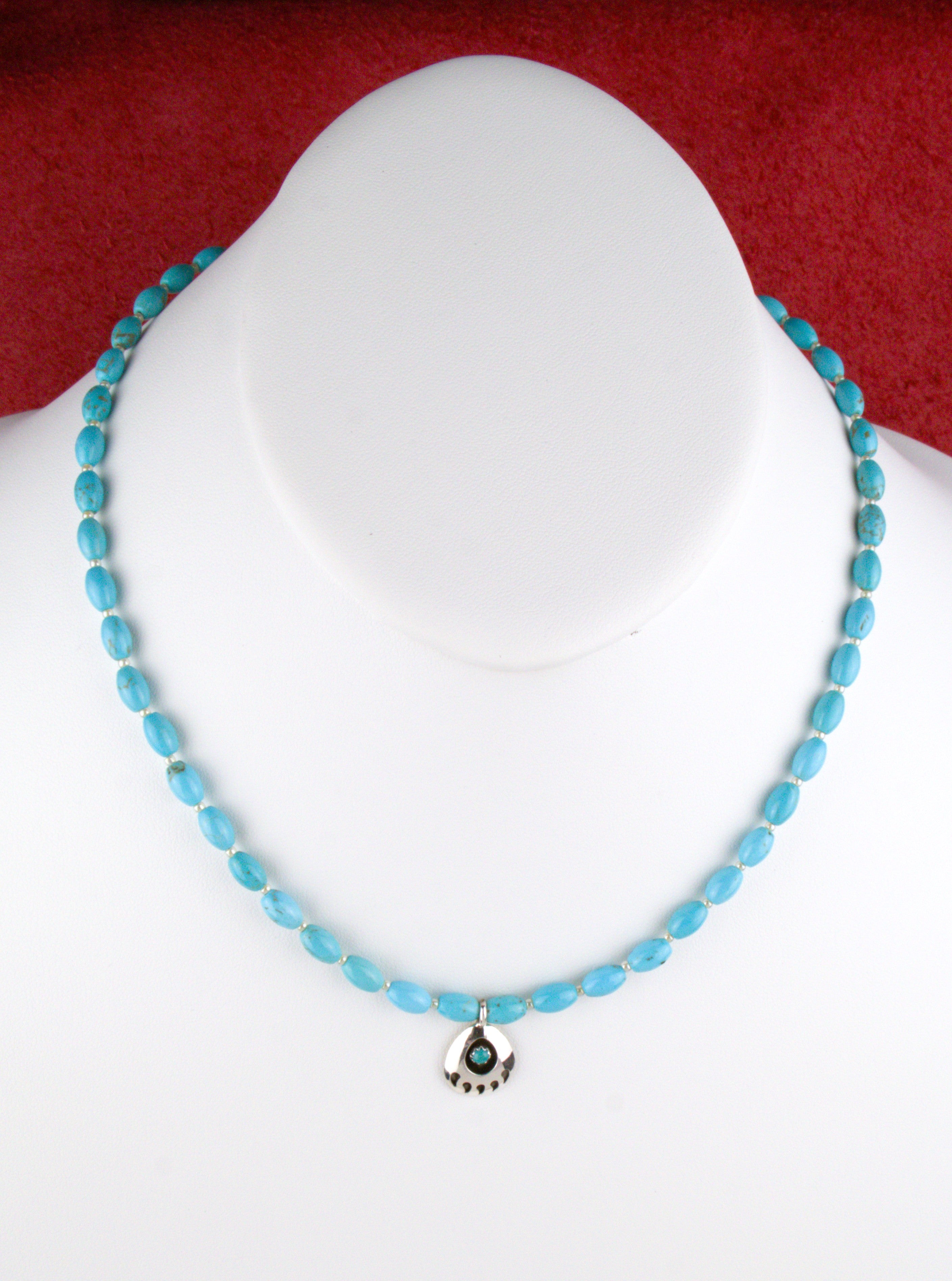 Turquoise Bear Paw Beaded Necklace 20"