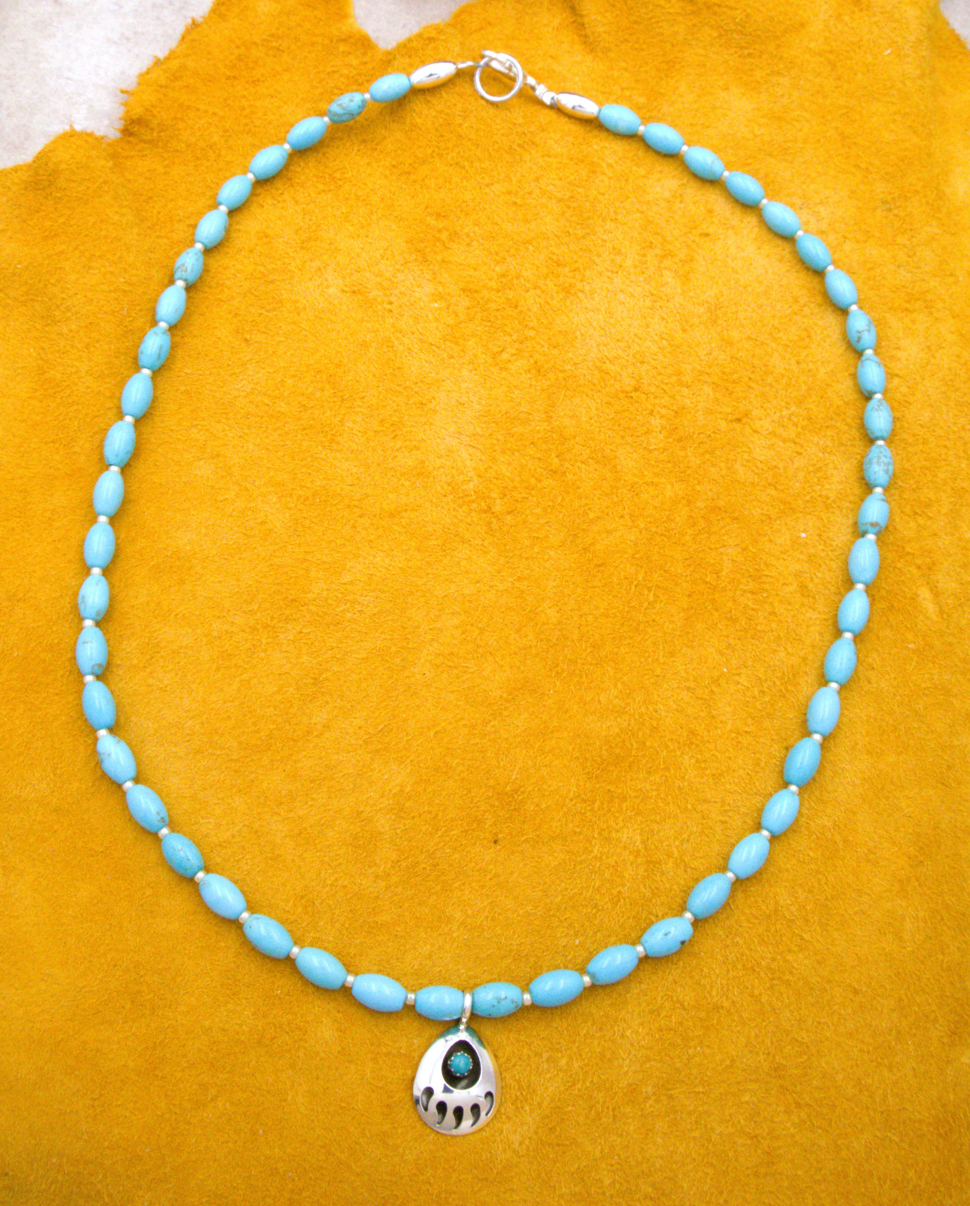 Turquoise Bear Paw Beaded Necklace 20"
