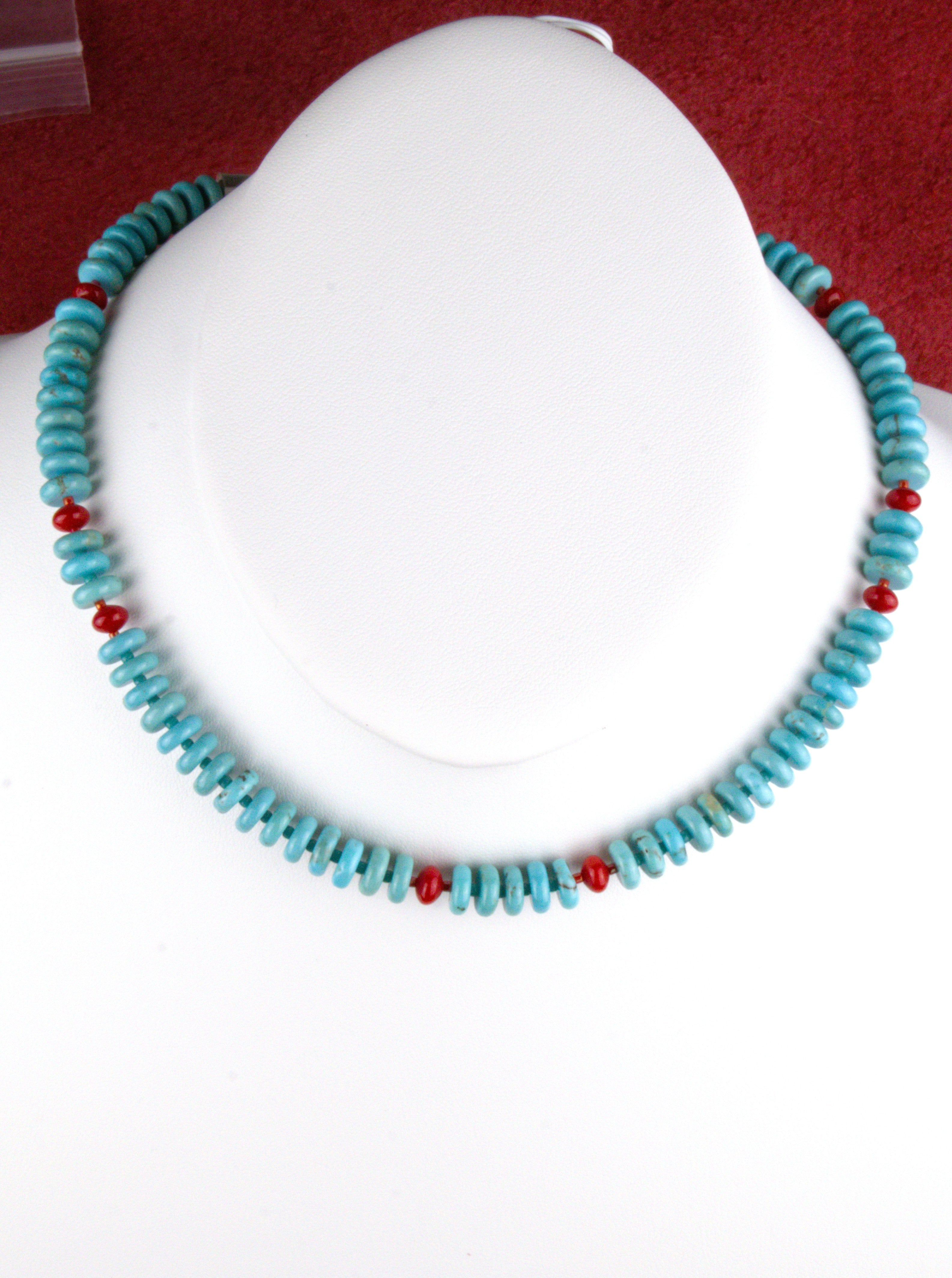 Turquoise and Coral Choker Necklace 17 and 1/4"  NN77
