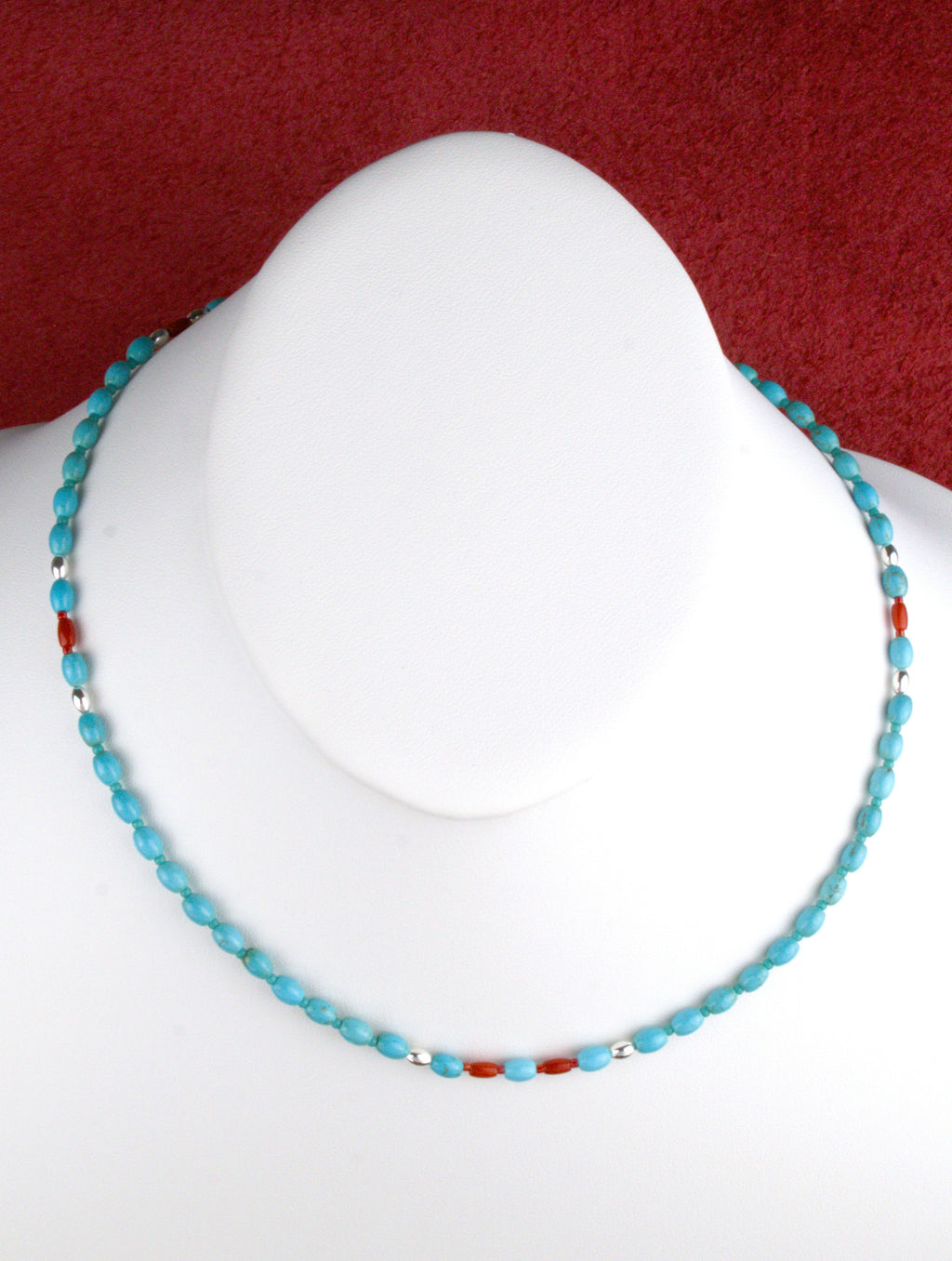 Turquoise and Coral Petite 19" Beaded Necklace  NN79