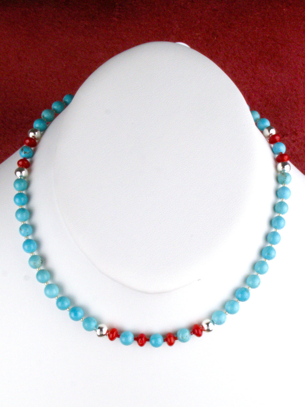 16" Turquoise and Coral Beaded Choker Necklace  NN89