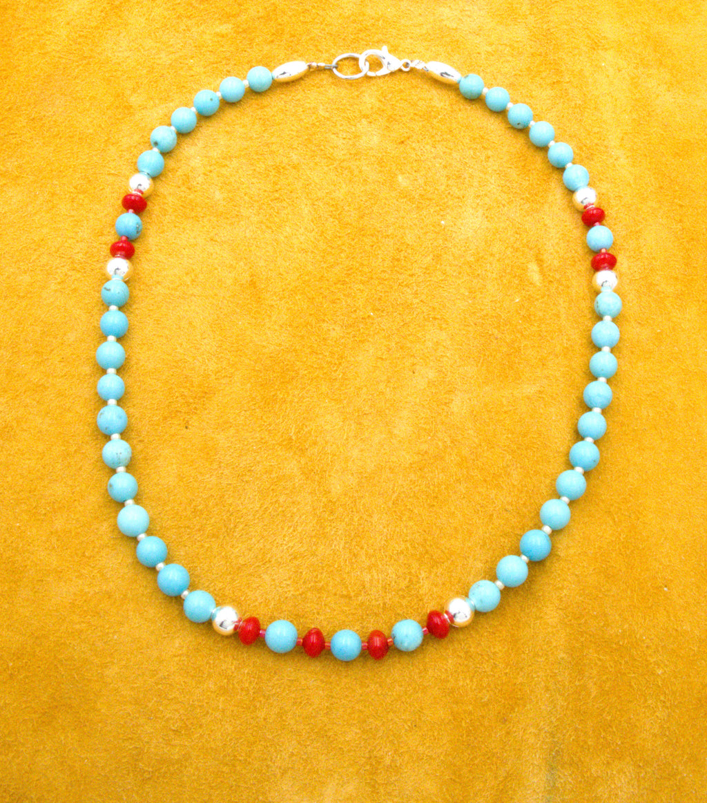 16" Turquoise and Coral Beaded Choker Necklace  NN89