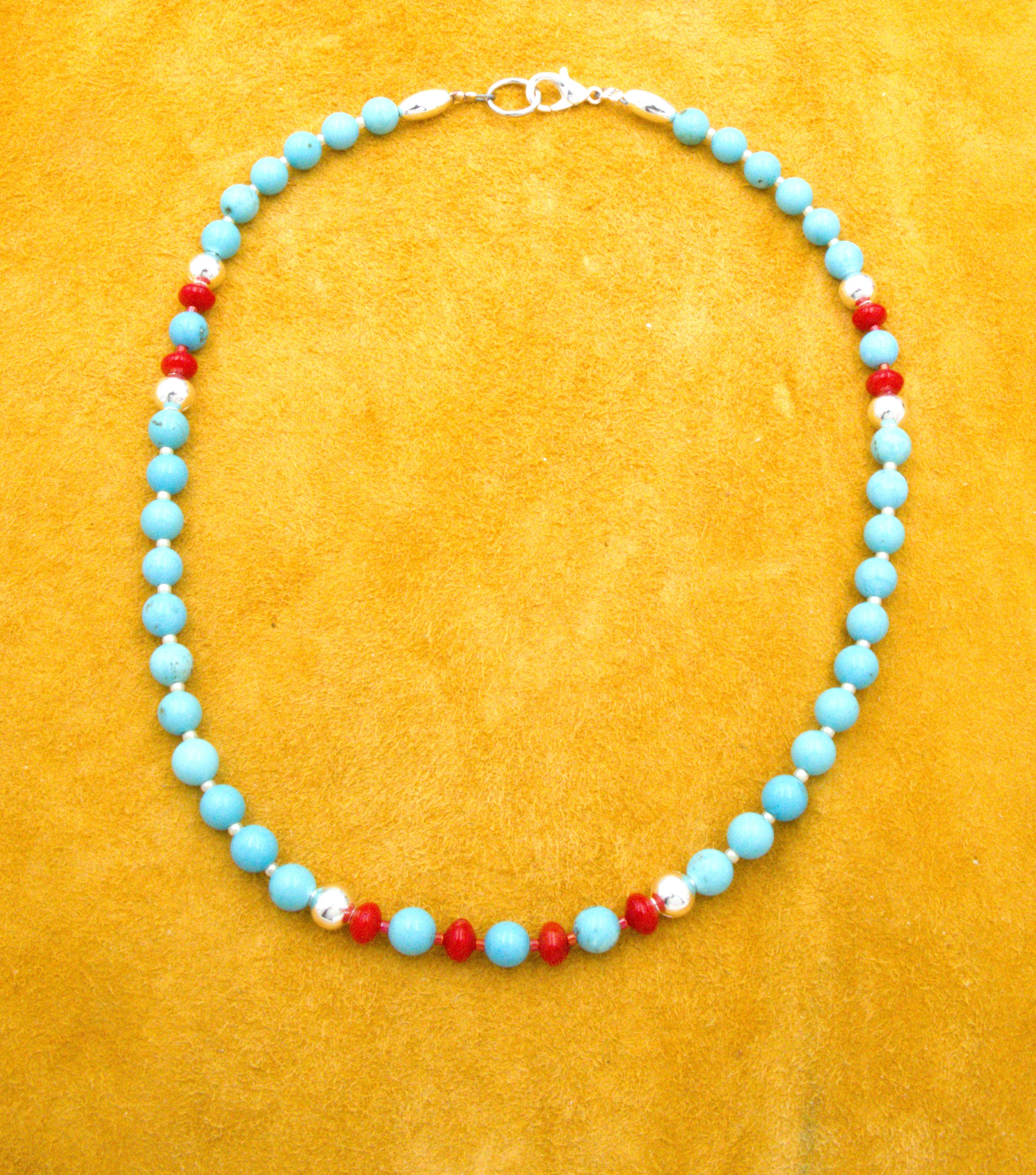 16" Turquoise and Coral Beaded Choker Necklace  NN89