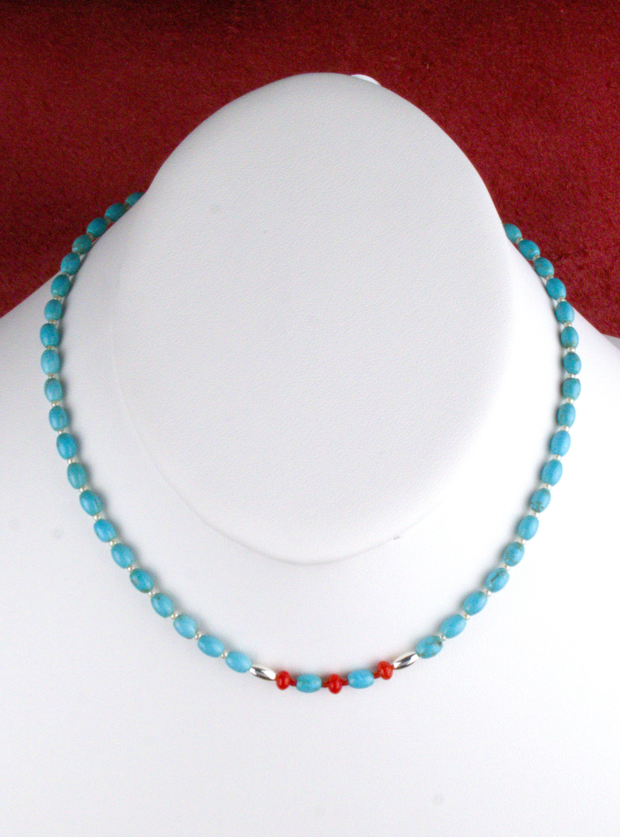 Turquoise and Coral Petite Choker Necklace 16 and 1/2"  NN90