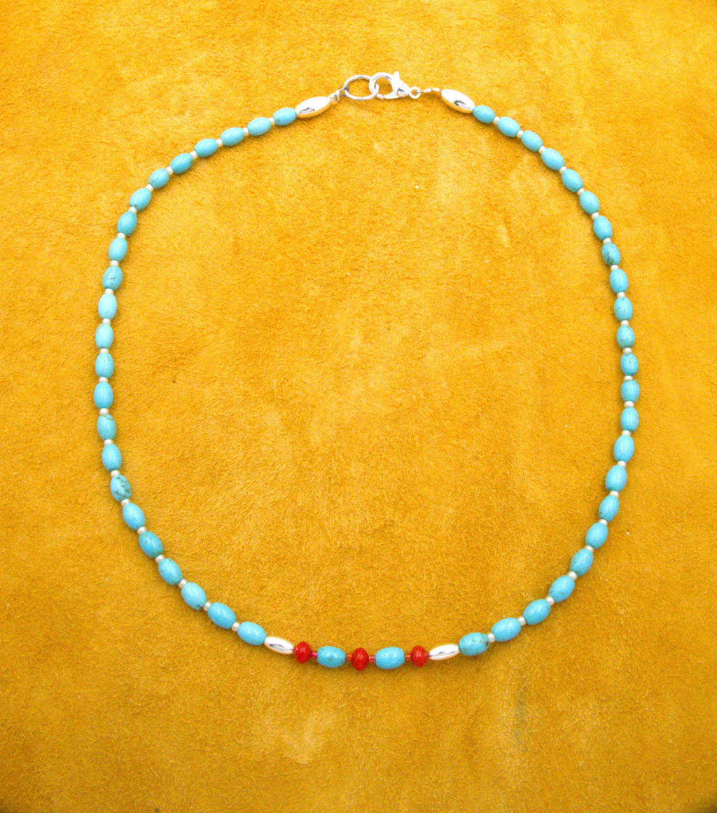 Turquoise and Coral Petite Choker Necklace 16 and 1/2"  NN90