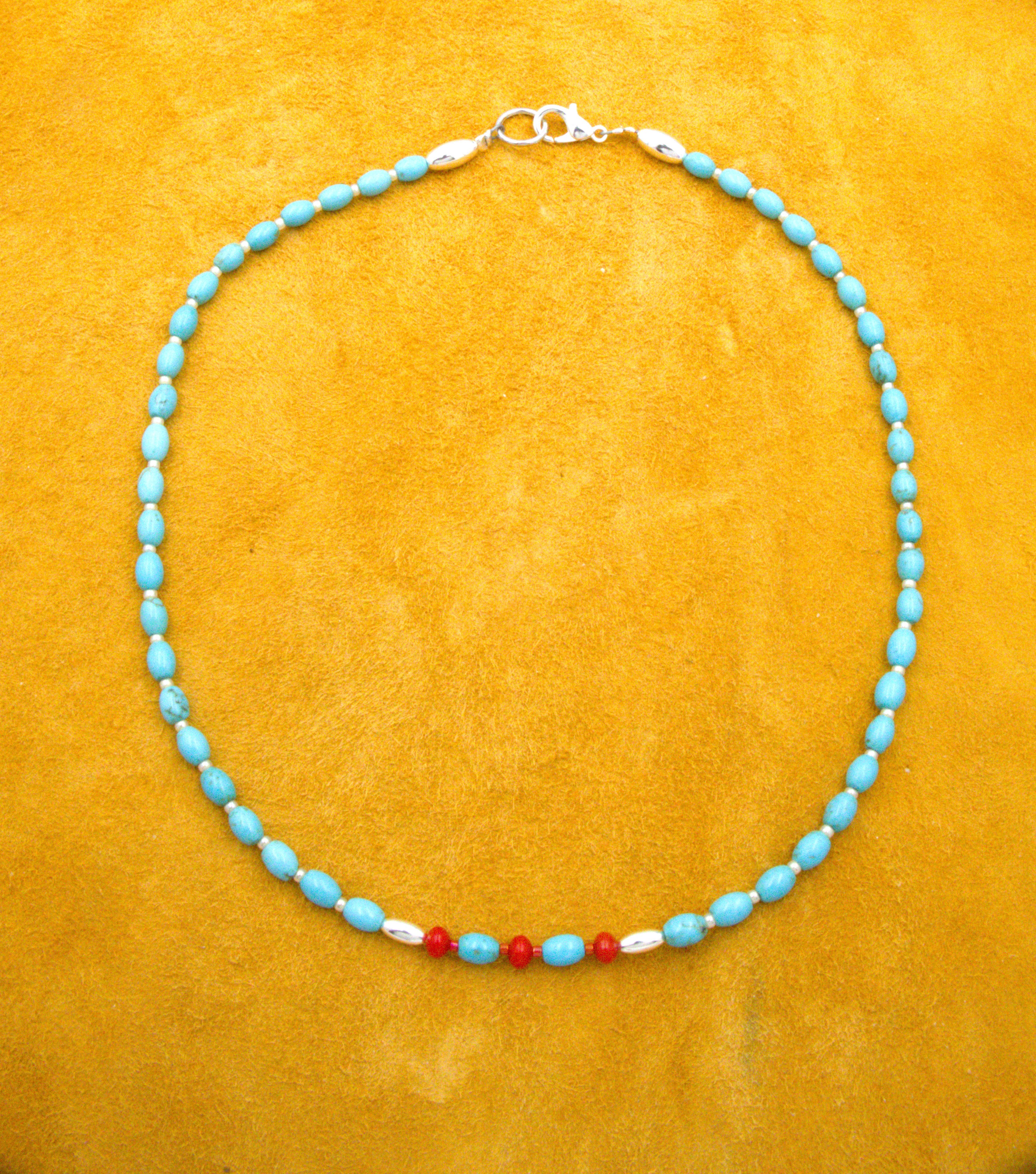 Turquoise and Coral Petite Choker Necklace 16 and 1/2"  NN90