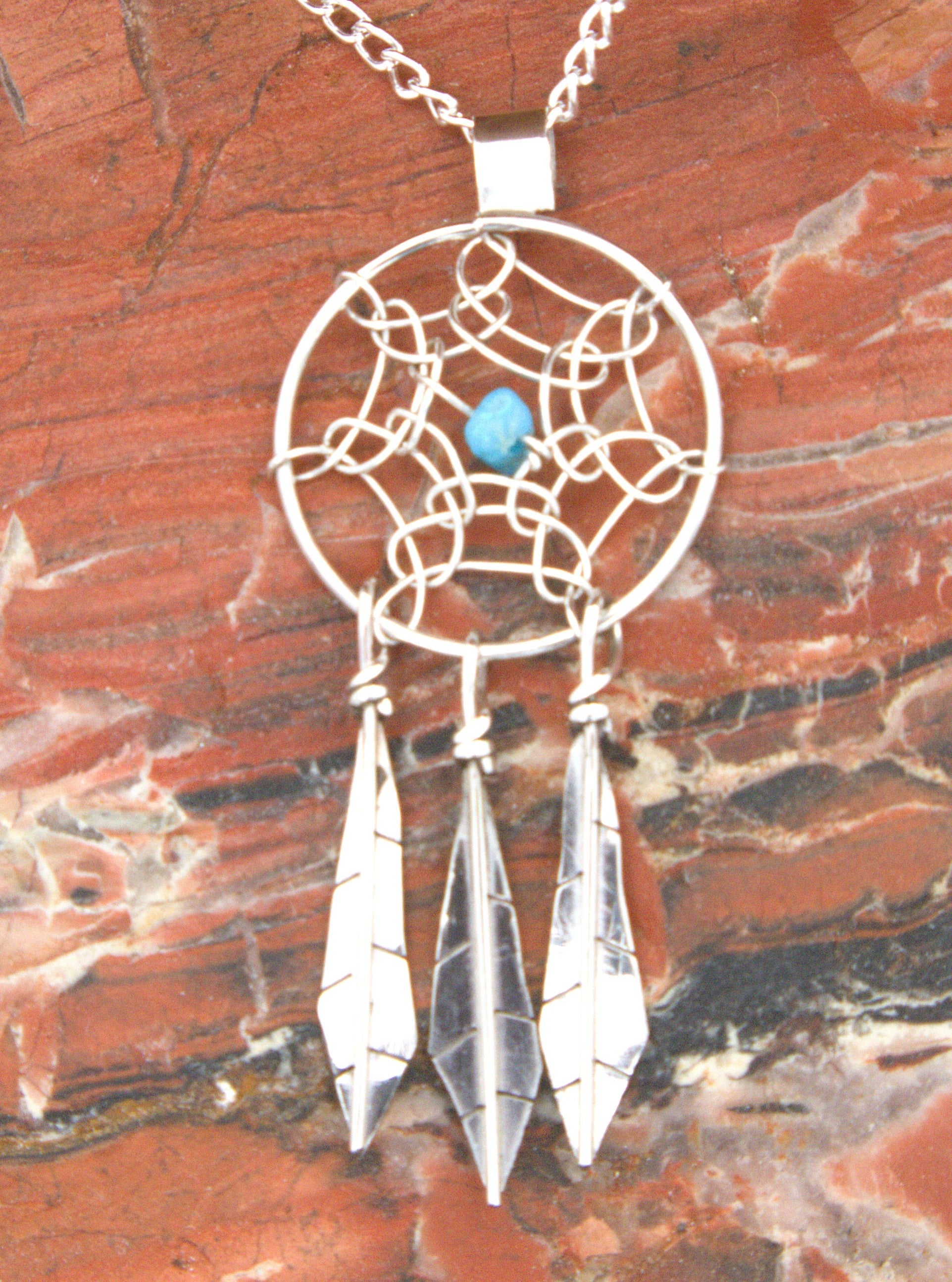 Sterling Silver Native American Dreamcatcher Feather Turquoise Pendant PE01