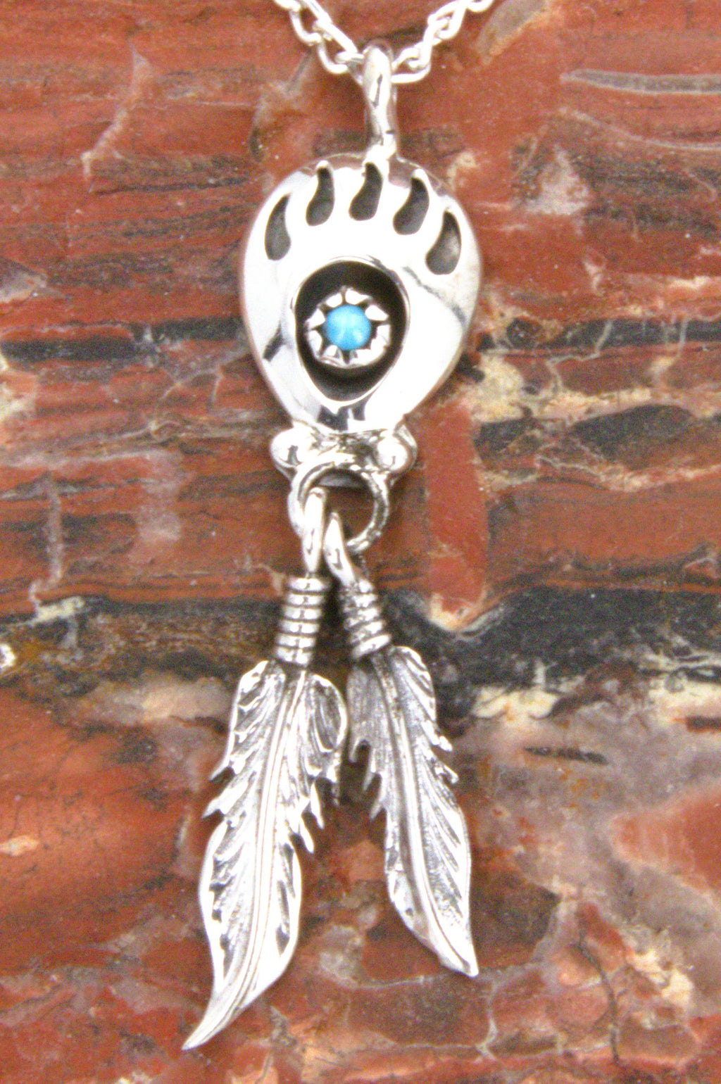Sterling Silver Bear Paw Feather Native American Turquoise Pendant