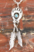Sterling Silver Bear Paw Feather Native American Turquoise Pendant PE02