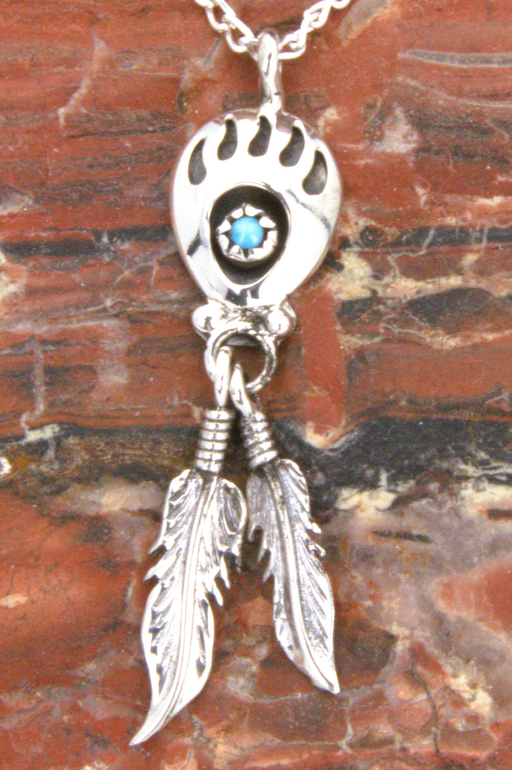Sterling Silver Bear Paw Feather Native American Turquoise Pendant PE02