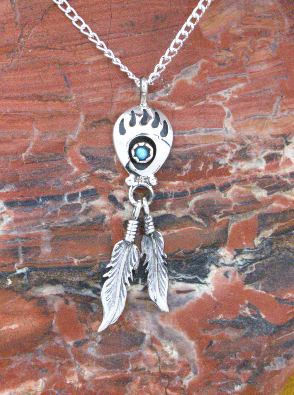 Sterling Silver Bear Paw Feather Native American Turquoise Pendant